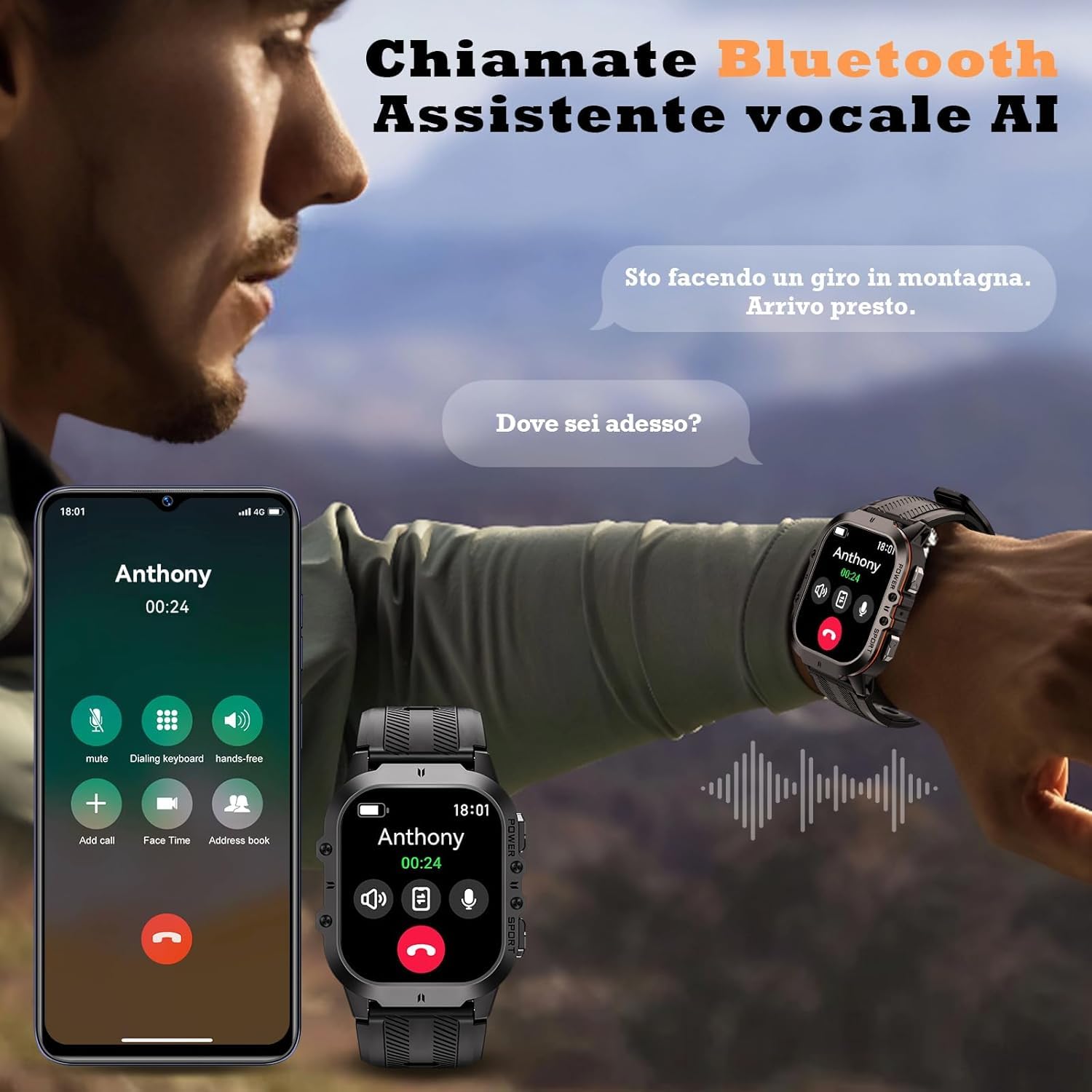 OUKITEL Smartwatch Uomo,1.96" HD Orologio Militare Uomo con Effettua/Risposta Chiamate,120+Modalità Sportive Impermeabile 5ATM, Smart Watch con Monitoraggio del SpO2/Sonno/Contapassi per IOS/Android