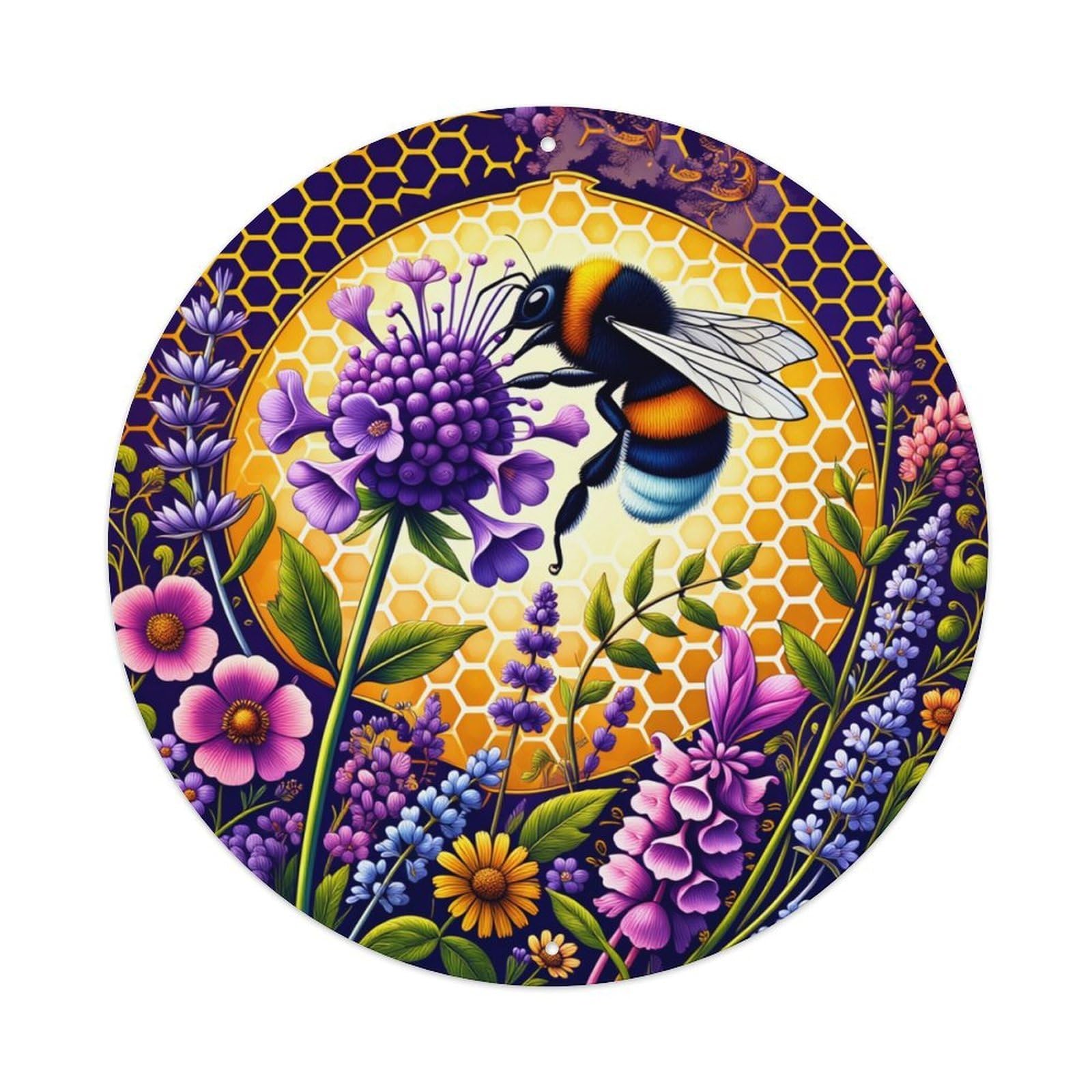 Bee Honeycomb Flowers Nature Art Round Tin Sign Retro Metal Sign for Cafe Bar Pub Home Game Room Gym Club Wall Decoration Vintage Metal Poster 8x8 Inch