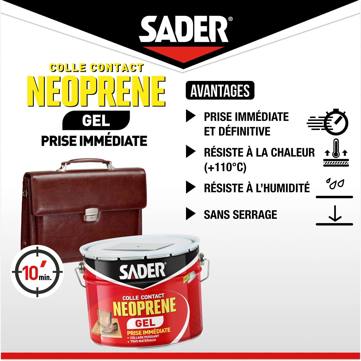 Sader Colle Contact Néoprène Gel – Colle Extra Forte Tous Matériaux – Prise Immédiate – Idéale pour Supports Poreux ou Verticaux – Seau de 2,5 L