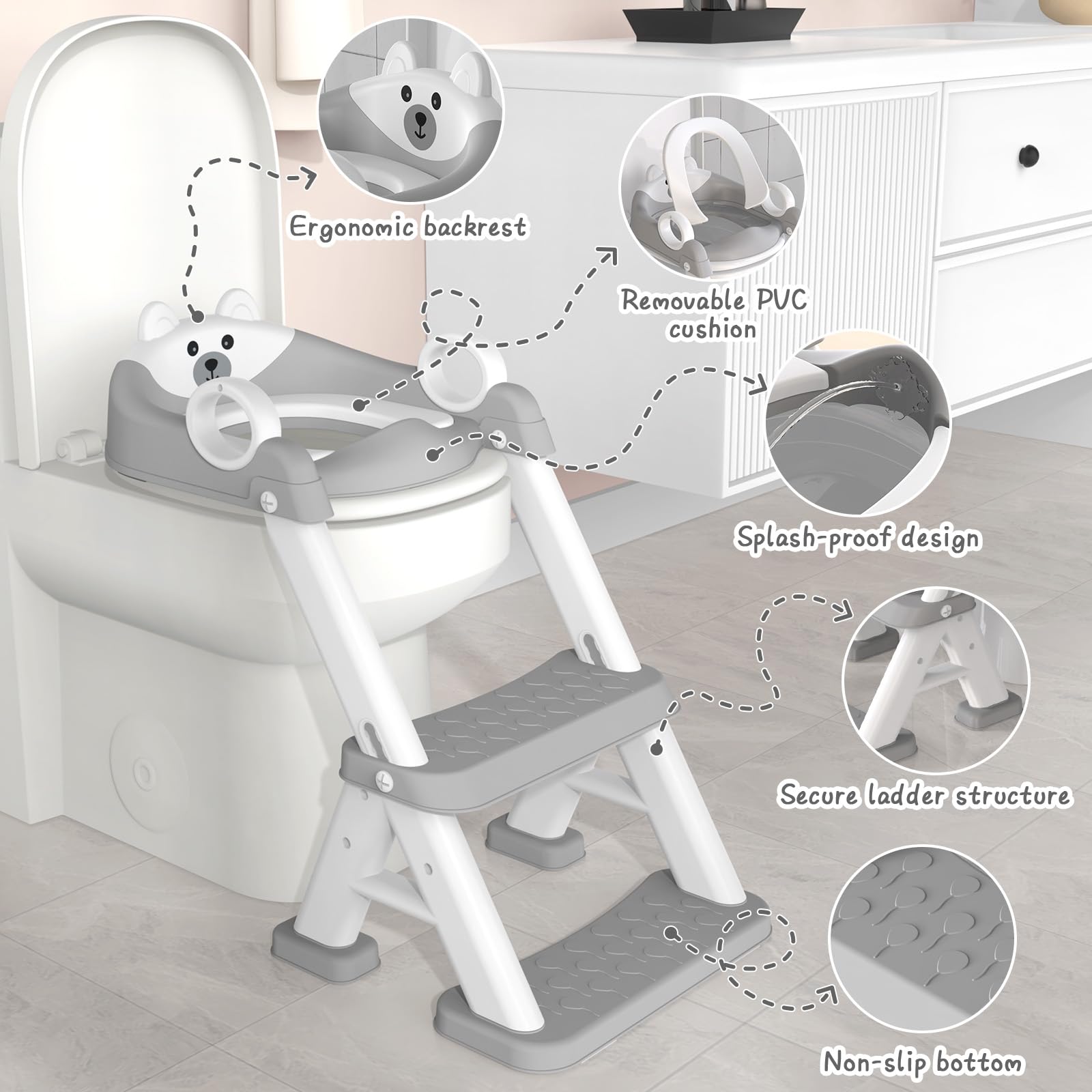 Riduttore WC Bambini, Sedile Rialzato per Bambini Maschi e Femmine, Riduttore WC 2 in 1 con Scaletta, Riduttore WC Sedile del Water con Seggiolino per Bambini, Pedana Antiscivolo Anti-Spruzzo, Grigio