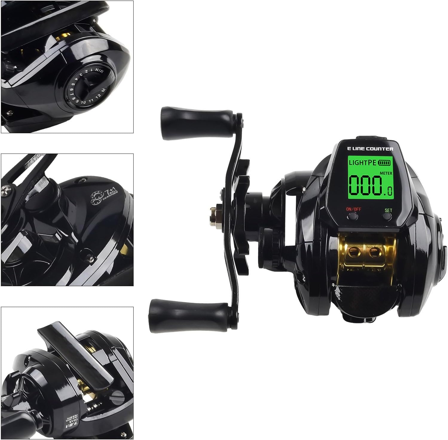 Digital Fishing Baitcasting Reel with 7.2:1 Gear Ratio, Line Counter, Depth Positioning and Bite Alarm, Rechargeable Battery, for Freshwater Saltwater Angling, Black