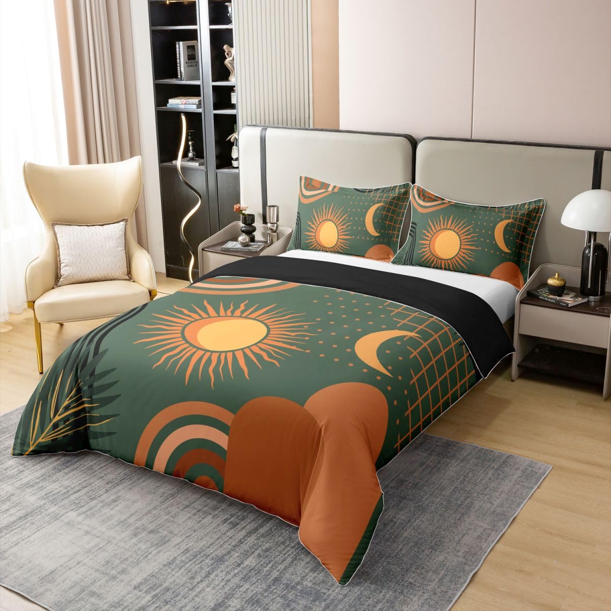 Homewish Geometryczny zestaw pościeli na łóżko podwójne z połowy wieku z 2 poszewkami na poduszki - słońce i księżyc boho geometryczna bawełniana poszewka na kołdrę boho abstrakcyjne linie poszewka na