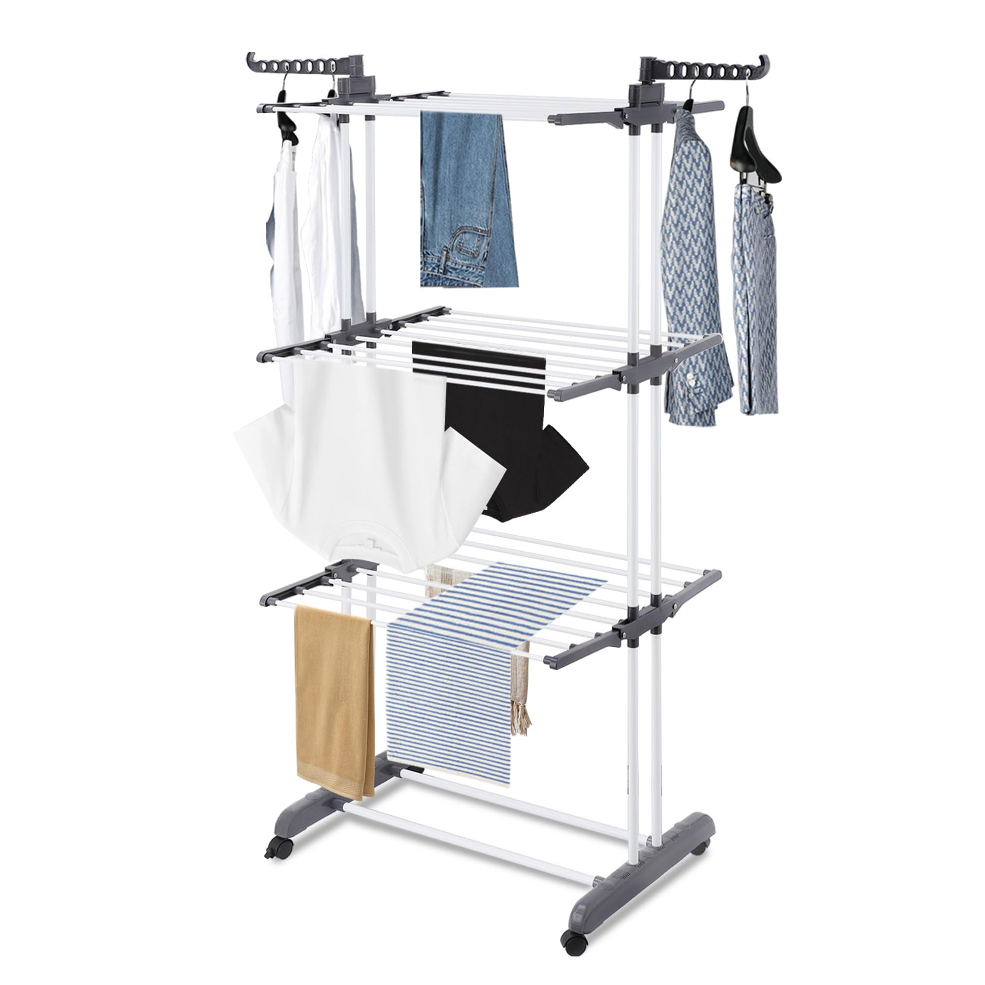 Albert Austin 4 Tier Clothes Drying Rack Foldable Clothes Airer with 4 Rolling Wheels Stainless Steel Air Dryer Ample Drying Space Indoor and Outdoor Free Standing Retractable Laundry Drying Rack