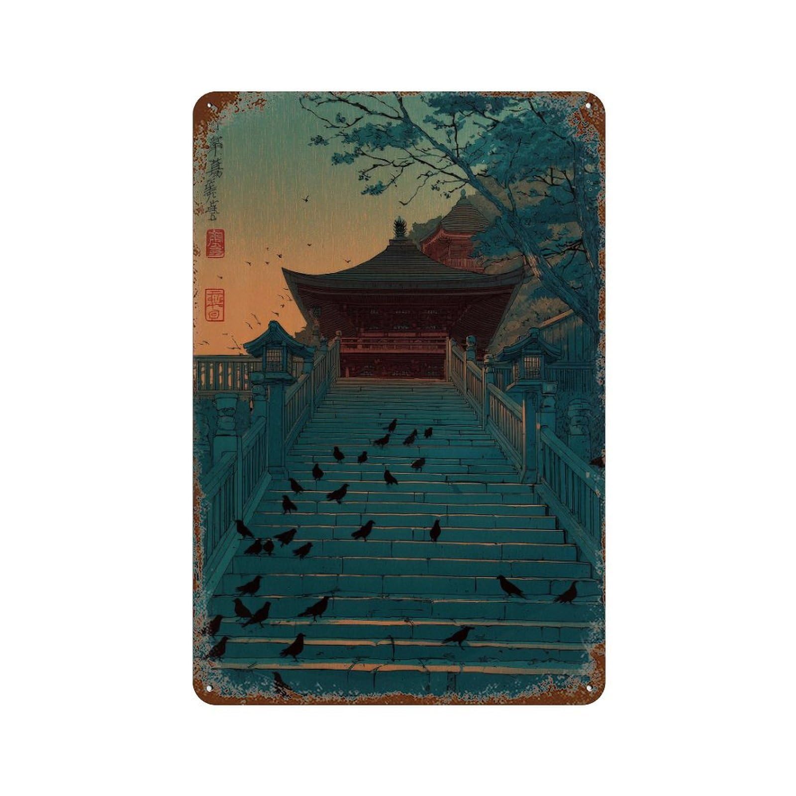 xiaoxiaoshen Temple Stairs. Ukiyo Wall Decor Art Metal Tin Poster Modern Home Decor Art Home Bar Shop Decorations Vintage Sign 30x20cm