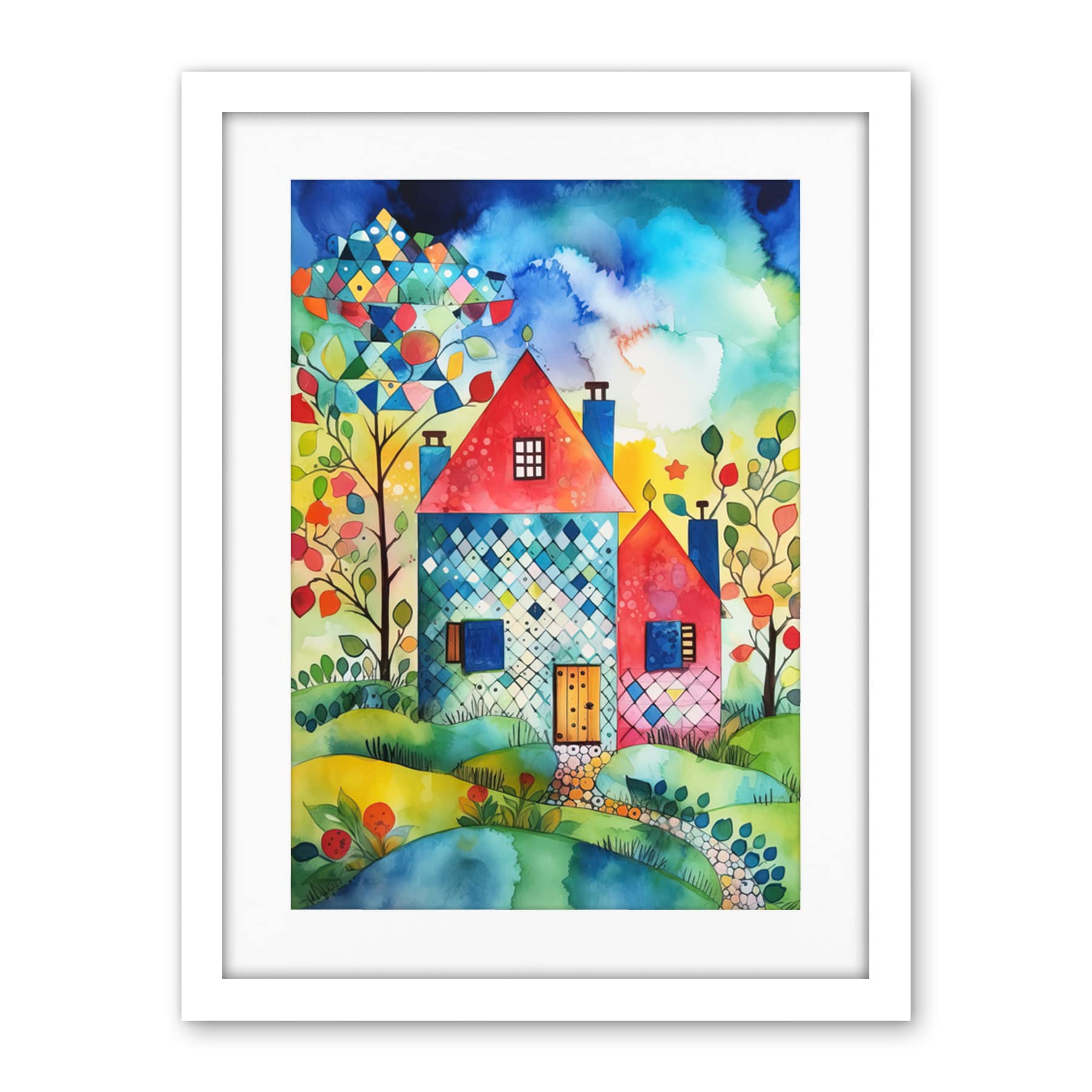 Artery8 Farmhouse In The Flowers Folk Art Artwork Framed Wall Art Print 18X24 Inch