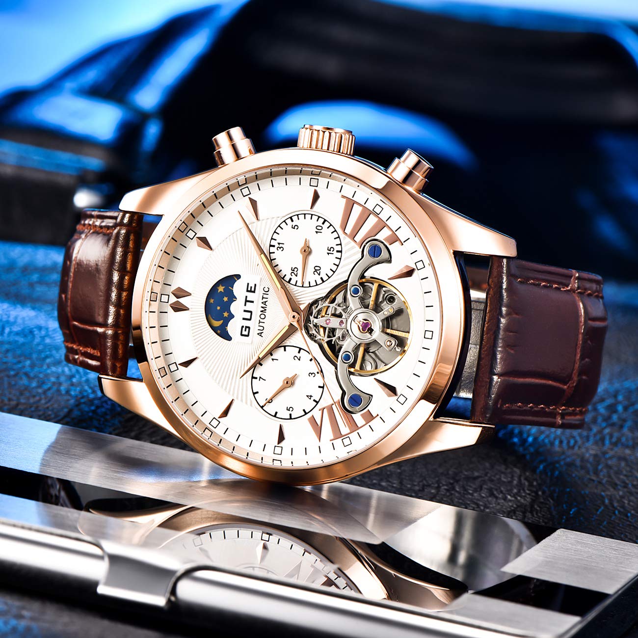 Gute Herren Uhren Mechanical Wrist Watch,wasserdichte Chronograph Männer Business Military Sport Armbanduhr mit Leder Armband,Elegant Geschenk für männer a