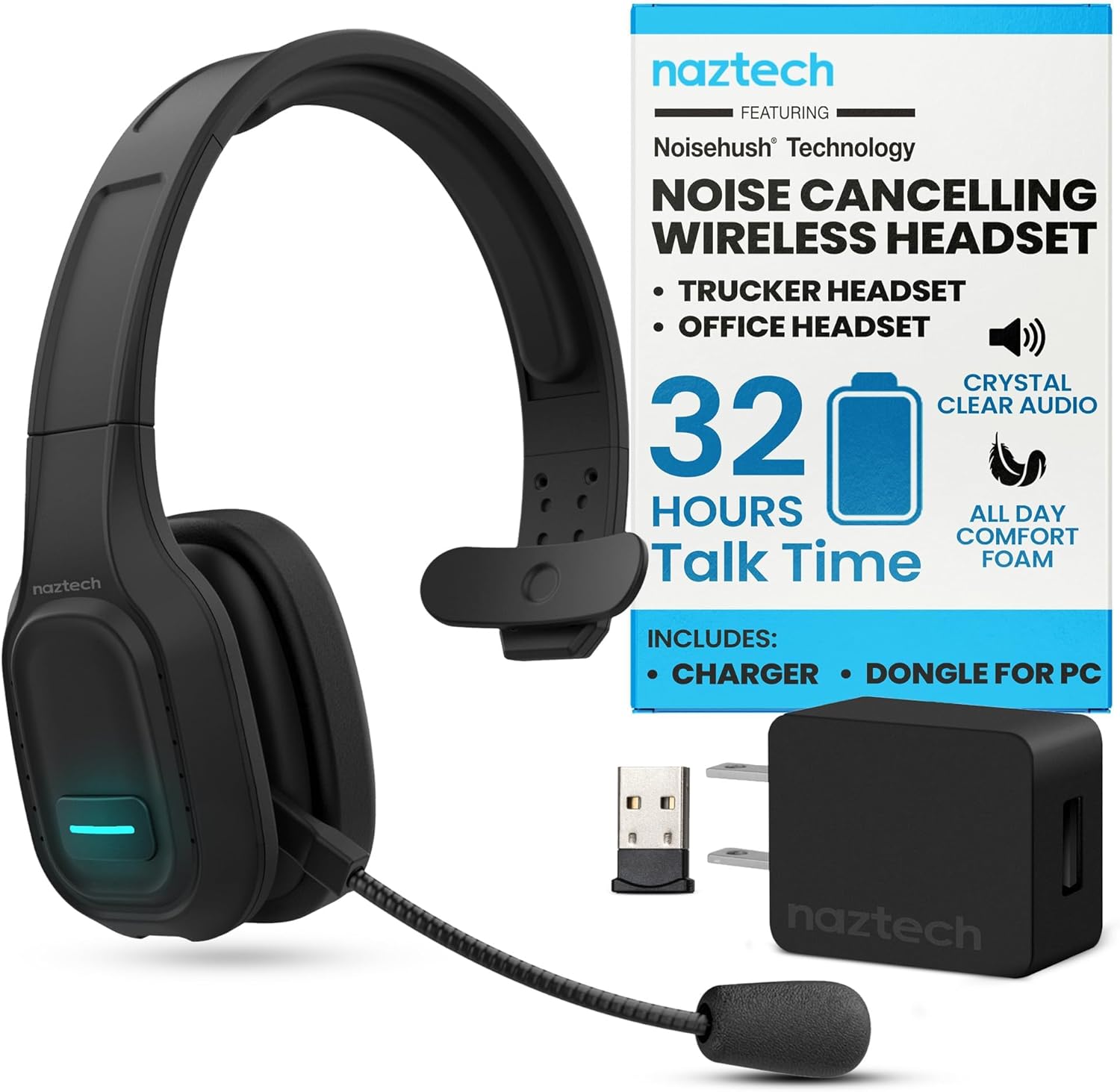 Naztech Trucker Bluetooth Headset with Microphone – Noise Cancelling, Adjustable Headband, & Memory Foam Ear Cups Trucker Headset Bluetooth Wireless, Truck Driver Head Sets with Microphone for Work