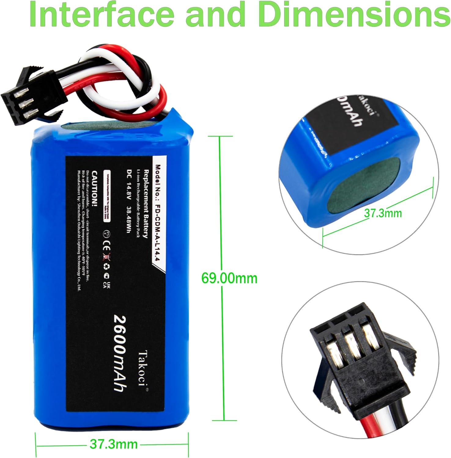 Replacement Vacuum Battery FD-CDM-A-L14.4 Compatible with E'lfbot C1 D1 M160 T2 14.8V 2600mAh