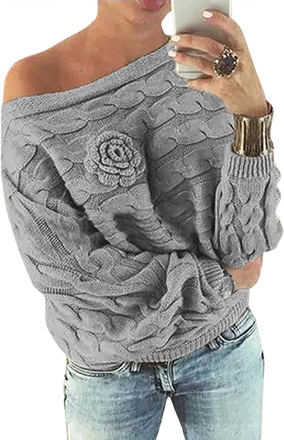 YOINSWomen Off Shoulder Bat-Wing Sleeves Random Print Floral Sweater