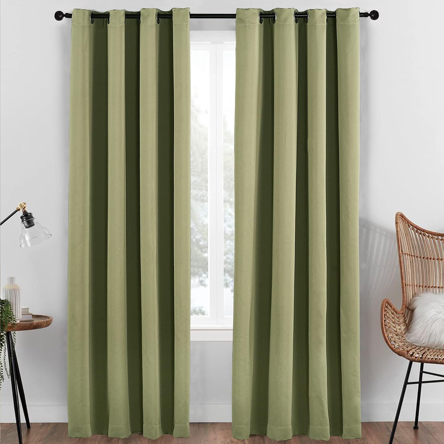 HESTIN 4 Piece (Includes 2 Panels and 2 Tiebacks) Blackout Curtains Blinds Set, Solid Thermal Insulated Grommet Blackout Window Drapes for Bedroom, Living Room, Olivine Green, 54" x 84"