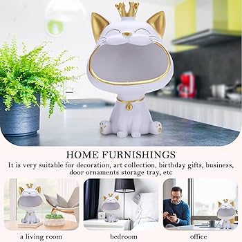 PATLOLLAV Cute Cat Standing Key Tray,Key Bowl For Entryway Table,Cat Decor Resin Tray For Candy Jewelry Earrings Ring Key Holder Tray,Fortune Cat Statue Candy Dish For Office Desk Art Home