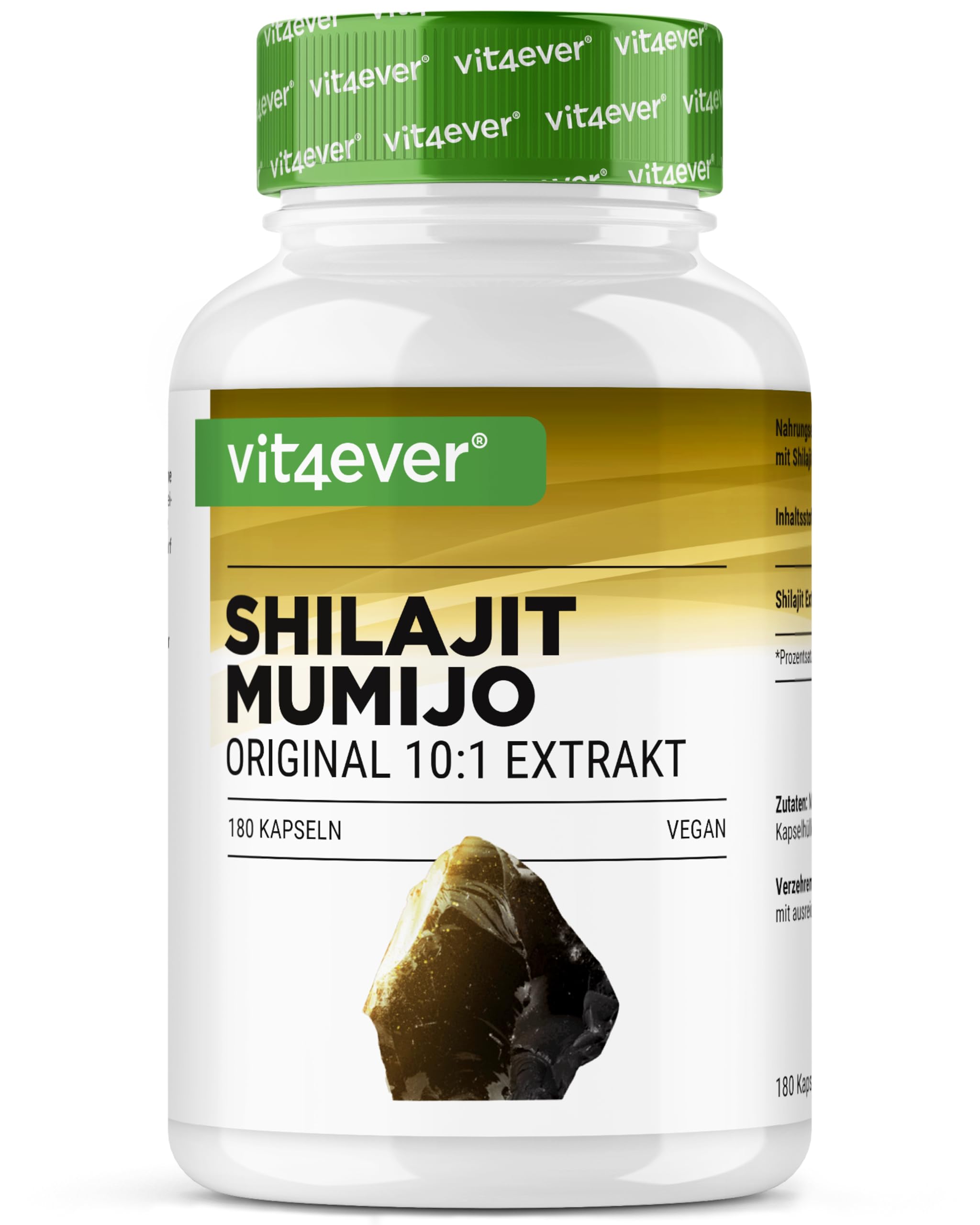 vit4ever Mumijo Shilajit - 180 Kapseln - 10:1-1400 mg - 10:1 Extrakt | 1400 mg pro Tagesdosis, hochdosiert, Original Himalaya 10:1 Extrakt, ohne unnötige Zusätze, vegan