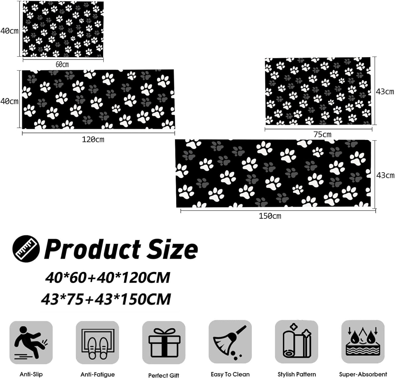 Non Slip Kitchen Rug Set, Water Absorbent Black and White Cat Paw Prints Floor Mats, Cute Style Kitchen Carpets Rugs for Home Dining Room Entryway, Black 20"x71"+20"x32" 2 Pieces