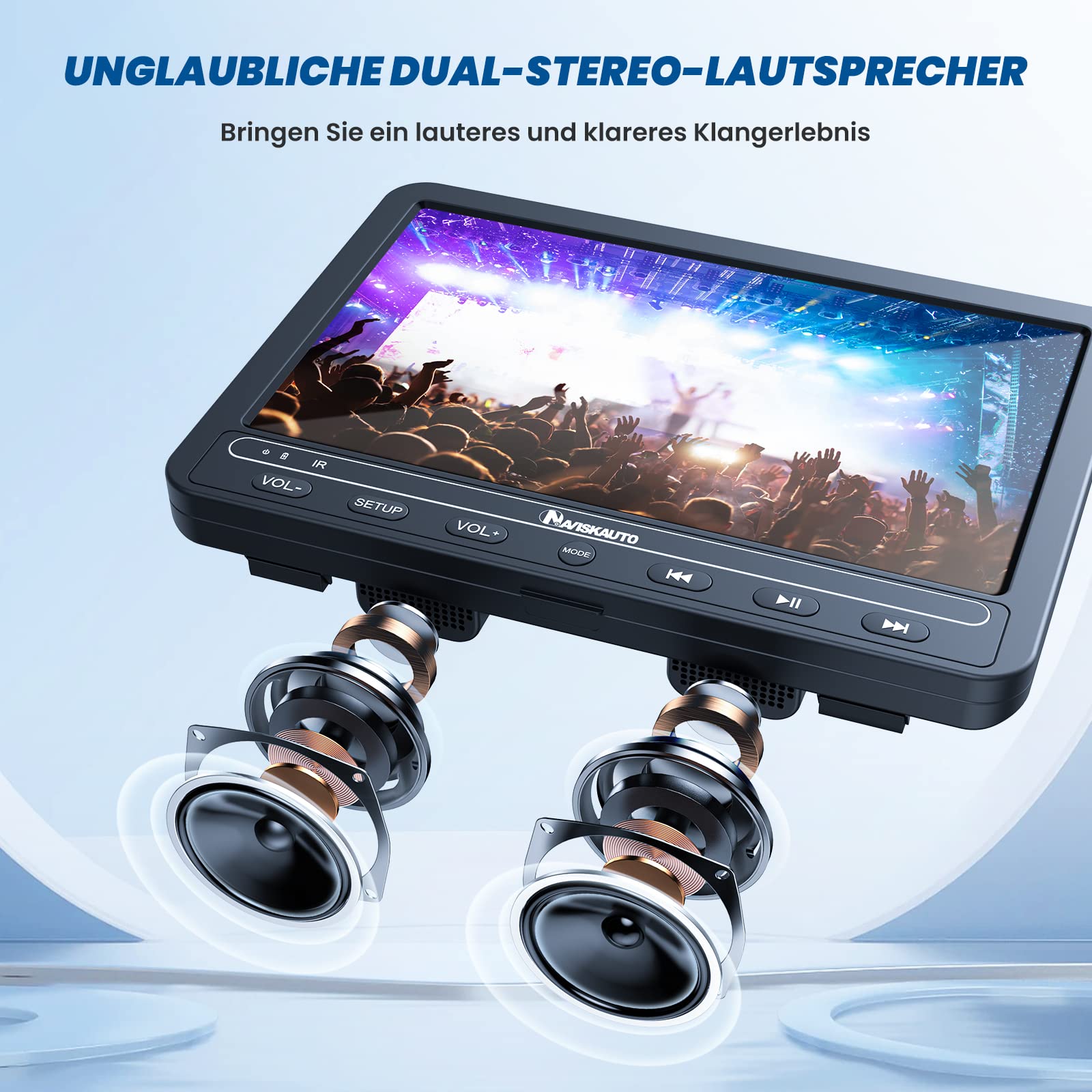 NAVISKAUTO 10,5'' DVD Player Auto 2 Bildschrime Mit 2 Kopfhörer 5 Stunden Akku, Auto DVD Player 2 Monitore Kopfstütze Fernseher Kinder TV Last Memory USB AV In/Out 12V