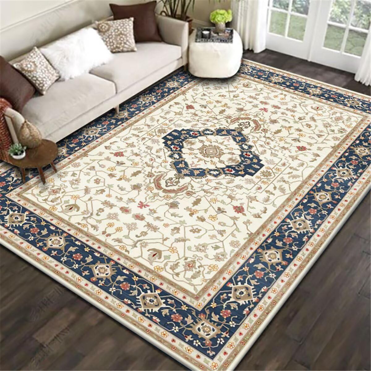 Tapis chambre et tapis de salon lavable au motif floral bleu 120X170CM