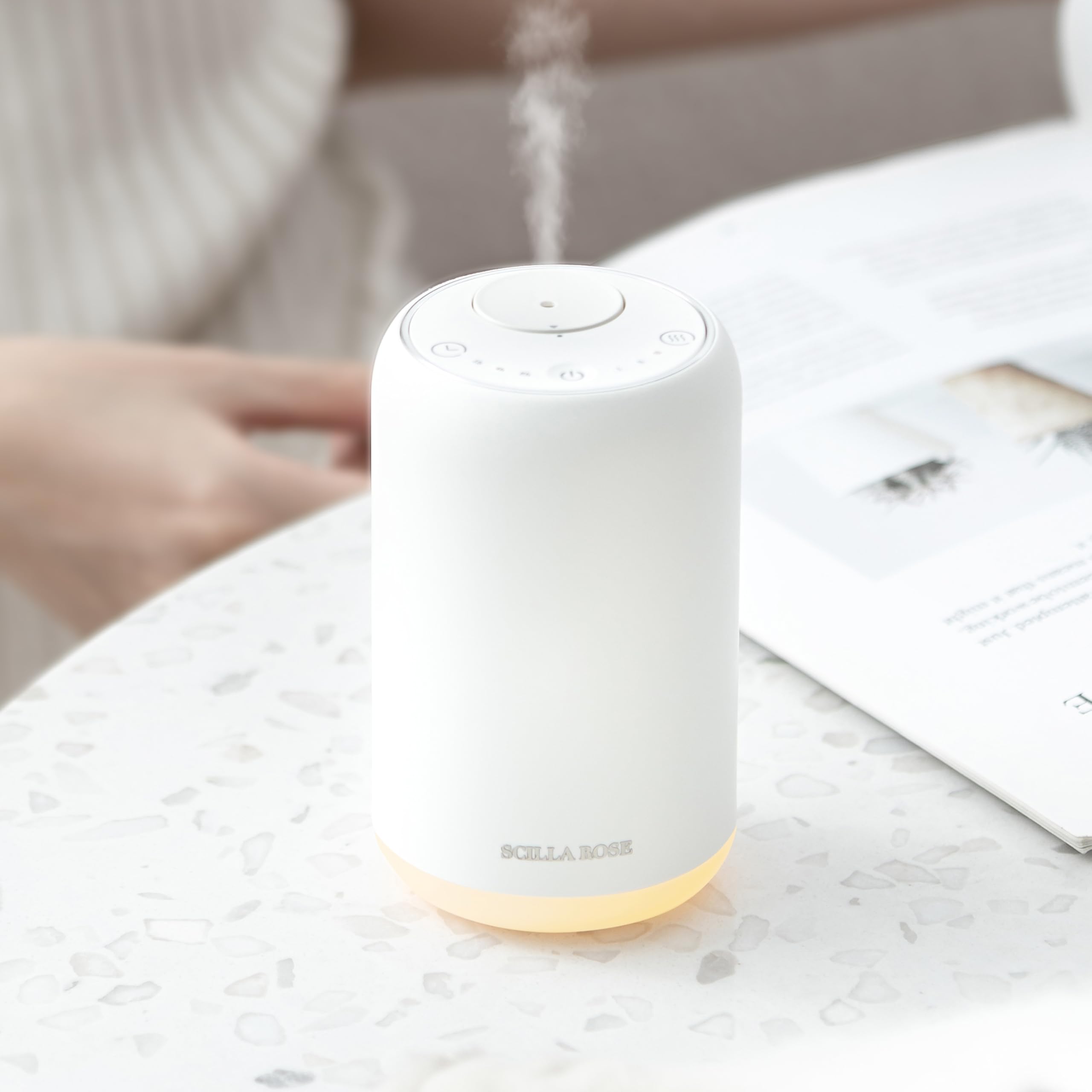 Scilla Rose Air Fresheners - Portable Rechargeable Waterless Aroma Diffuser, Pet Friendly, Cordless Cool Mist Essential Oil Diffuser with Night Light for Home, Car, Bathroom & Wellbeing Gifts - White