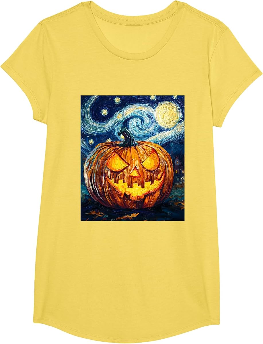 Pumpkin Jack O Lantern Graphic Van Gogh Style Starry Night T-Shirt