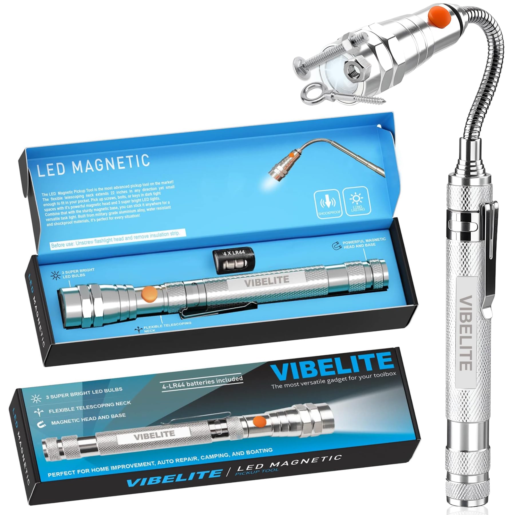 VIBELITE Extendable Magnetic Flashlight with Telescoping Magnet Pickup Tool-Cool Gadget Christmas Gifts Stocking Stuffers for Men, Teen Boys, Husband, Dad, Father, Mechanic, Him, Women, Silver