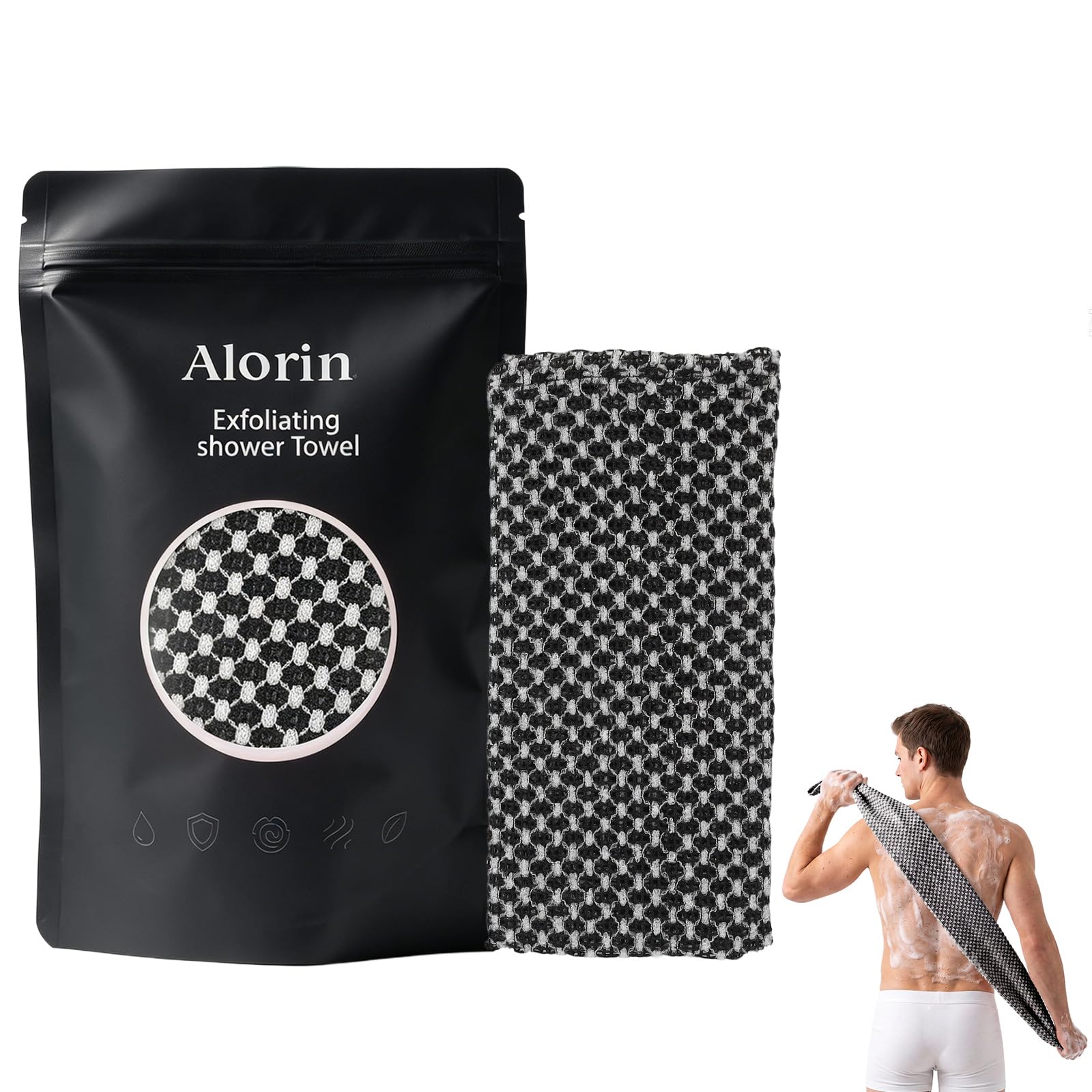 Exfoliating Shower Towel - Deep Exfoliating Towel, Back Scrub Gentle on Sensitive Skin, 3D Weaving   Technique Shower Towel Machine Washable, Effective Exfoliation for Soft & Smooth Skin (Black)