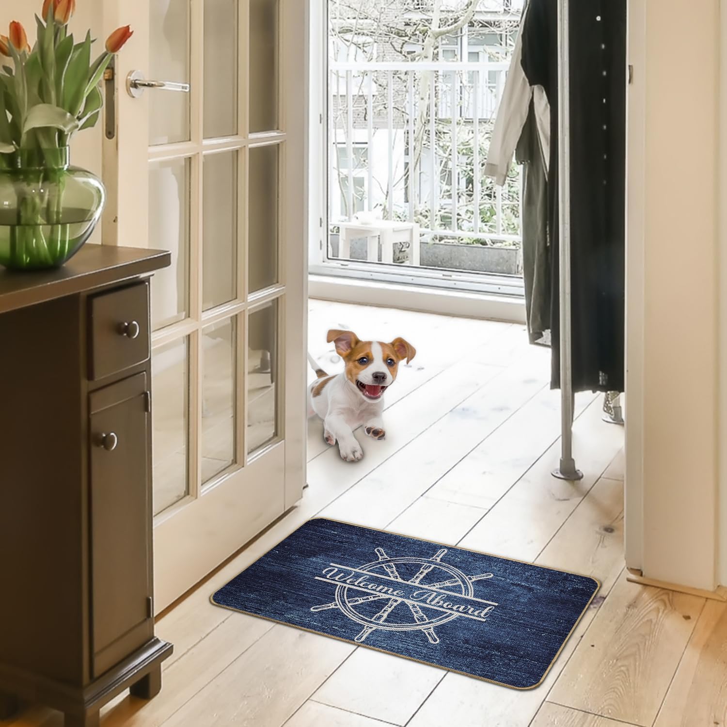 Nautical Welcome Mat - Blue, 17x30 Inch, Non-Slip, Water-Repellent, Machine Made, Linen Fabric Doormat - Image 2