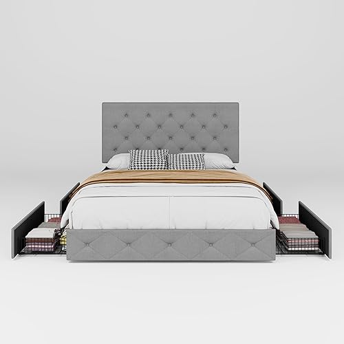 Miniatura 8 de SHA CERLIN Base de cama tapizada de plataforma completa con 4 cajones, cabecera ajustable con diseño de botón de diamante, soporte de listones de