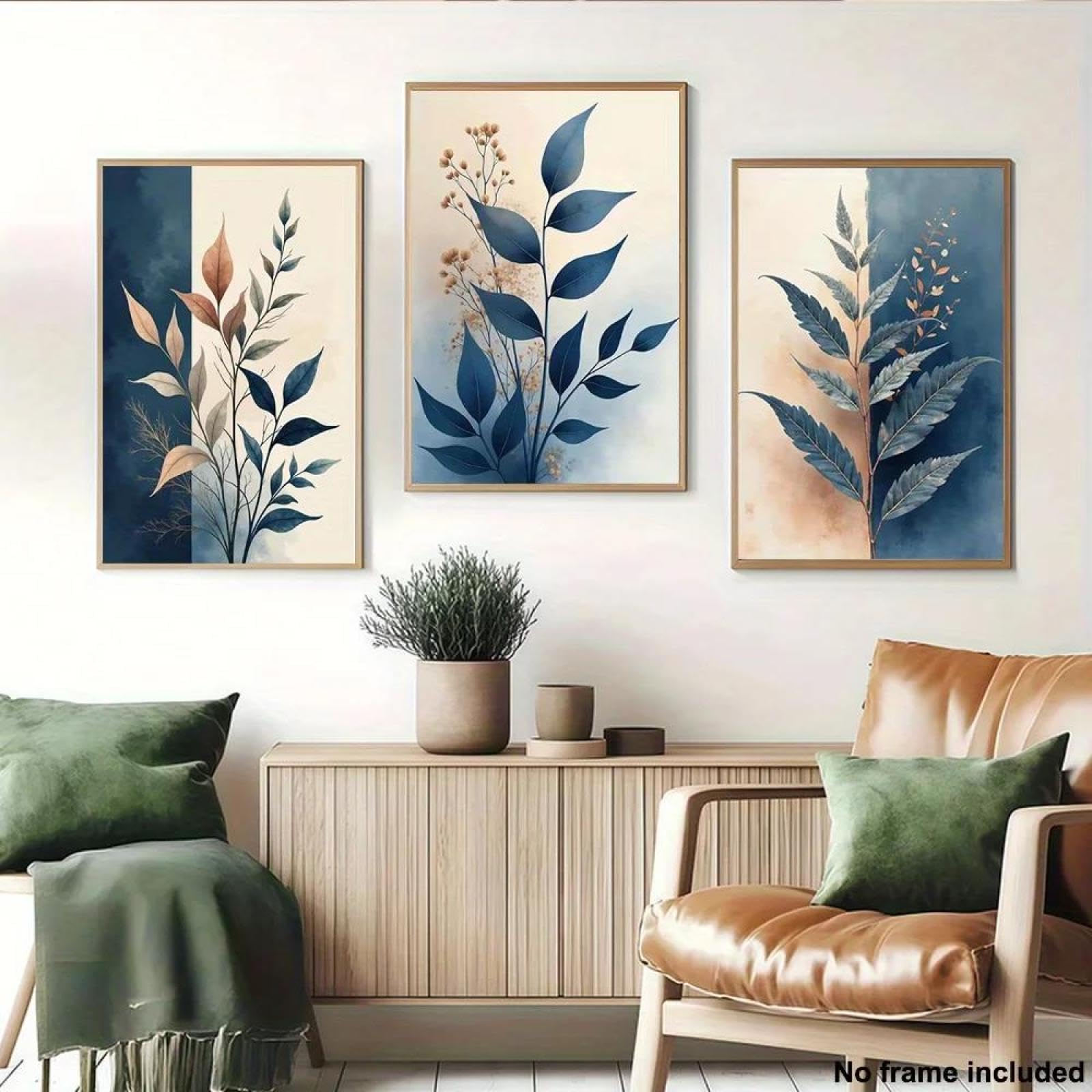 Baibexing Abstract Blue Leaves Minimalist Plant Canvas Painting Poster Prints Wall Art Picture For Living Room Home Decor 50X70Cmx3Pcs Unframed
