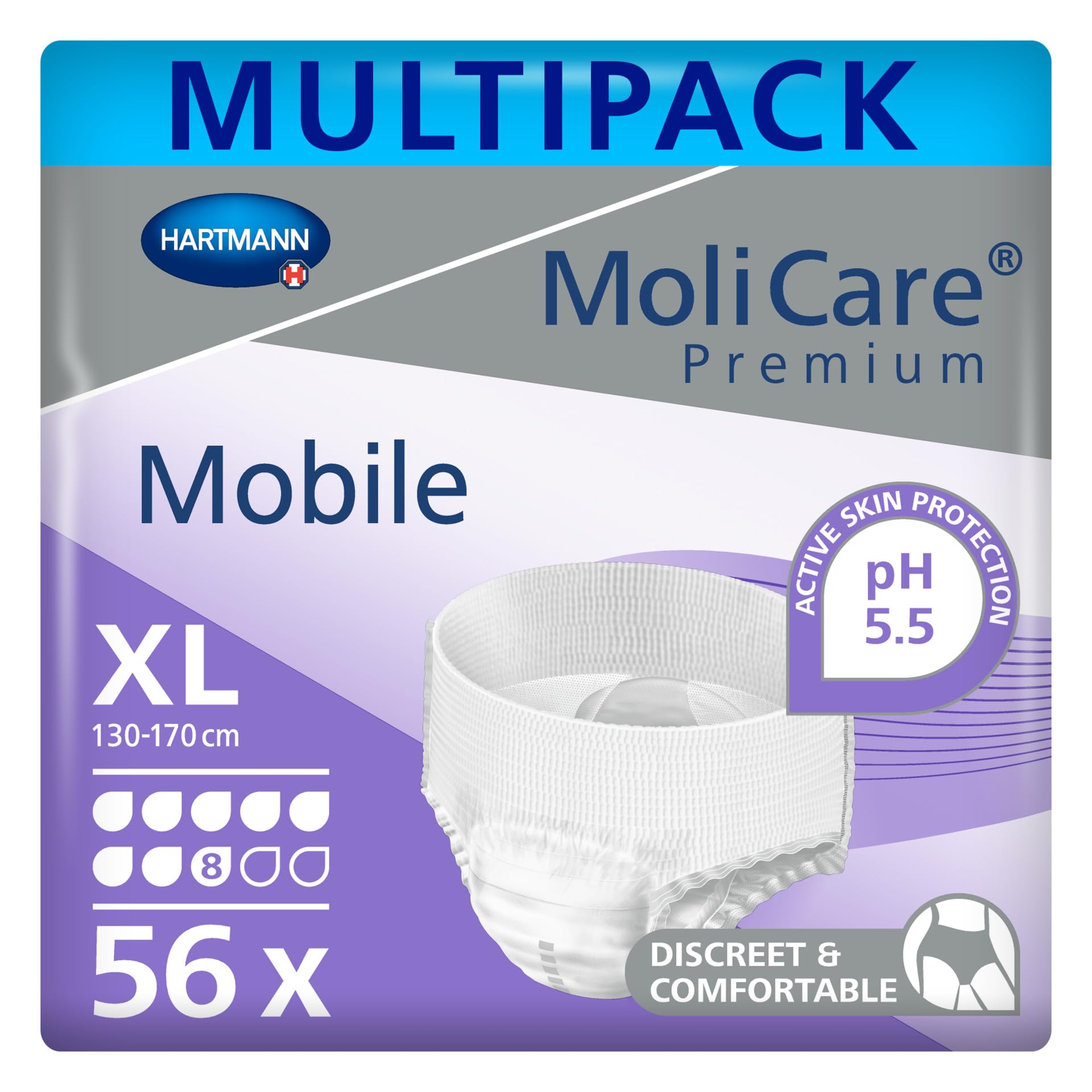 MoliCare Premium Mobile 8 Drops | Disposable Incontinence Pants: for Women and Men with Incontinence | Size XL | 51-67 inches | 4 Packs of 14 Pairs (56 Pieces)