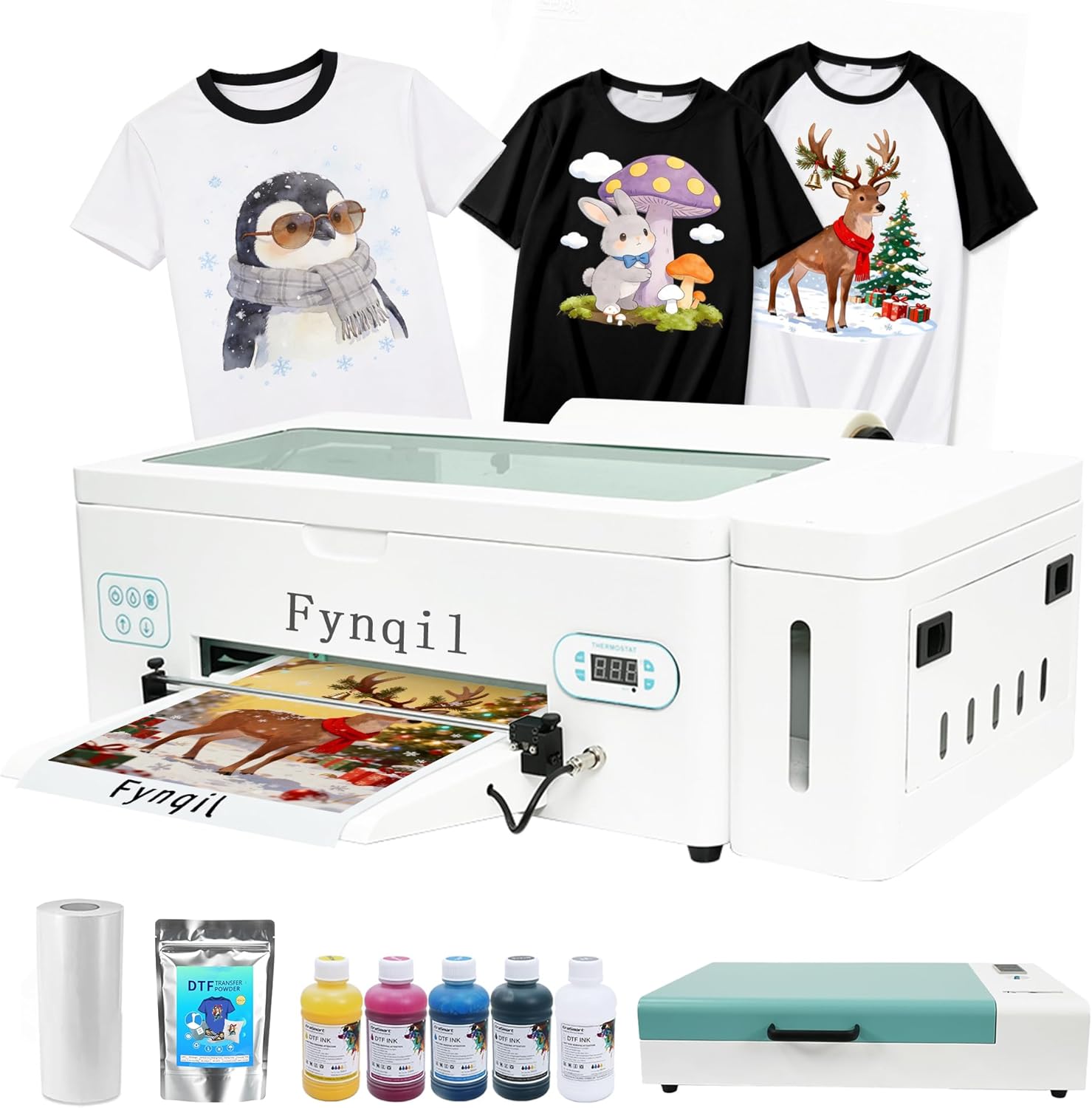 A3 L1800 DTF Printer Bundle with Cutter, A3 High-Speed Pink Apparel Transfer Printing Machine with White Ink Circulation Includes Oven,Ink, Film, Hot Melt Powder, Software (Remote Installation)