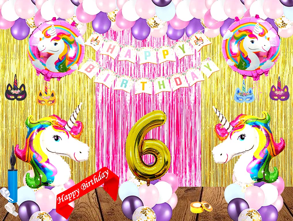 SV Traders Unicorn Theme 6th Birthday Decoration For Girls/Boys/Kids Combo Of 80 Pcs-Unicorn Banner(16)+Foil Curtains Pink(1)+Golden(2)+Unicorn Foil Balloon 28 Inches XXL(2)+Round Pink Unicorn(2)+Gold Foil 6 No.Balloon+Birthday Sash(1)+Unicorn Multi Color Eye Mask(5)+Golden Confetti Balloons(5)+Metallic Balloons Pink(20)+White(11)+Purple(10)+Balloon Pump(1)+Balloon Gluedots 100(1)+Balloon Garland Arch(1)+Balloon Curling Ribbon(1)