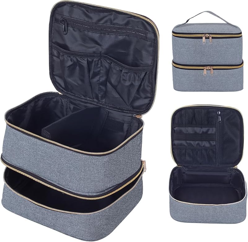 Necessaire de maquiagem TANPADUAJI com 2 compartimentos e divisórias ajustáveis, Gray Gold
