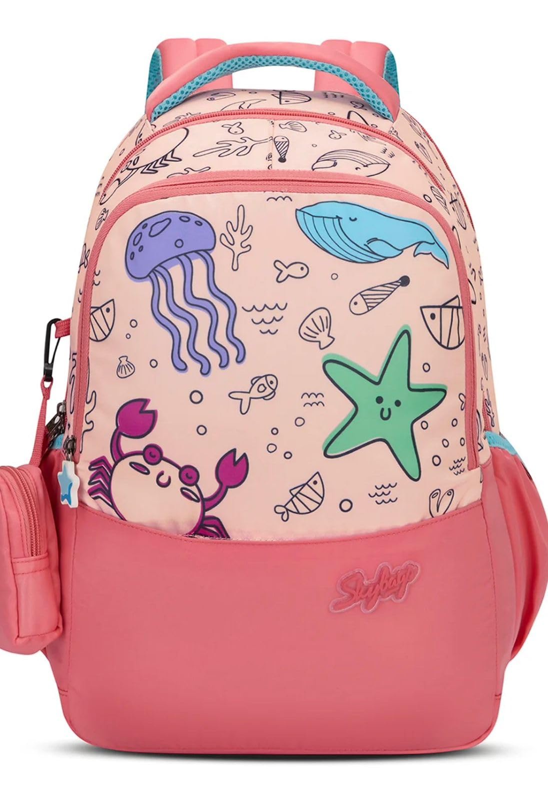 Ruby Soft Feel Fabric 3 Compartments 2 Bottle Pockets Detachable Happy Pouch 22 Liters School Backpack For Girls-image-32