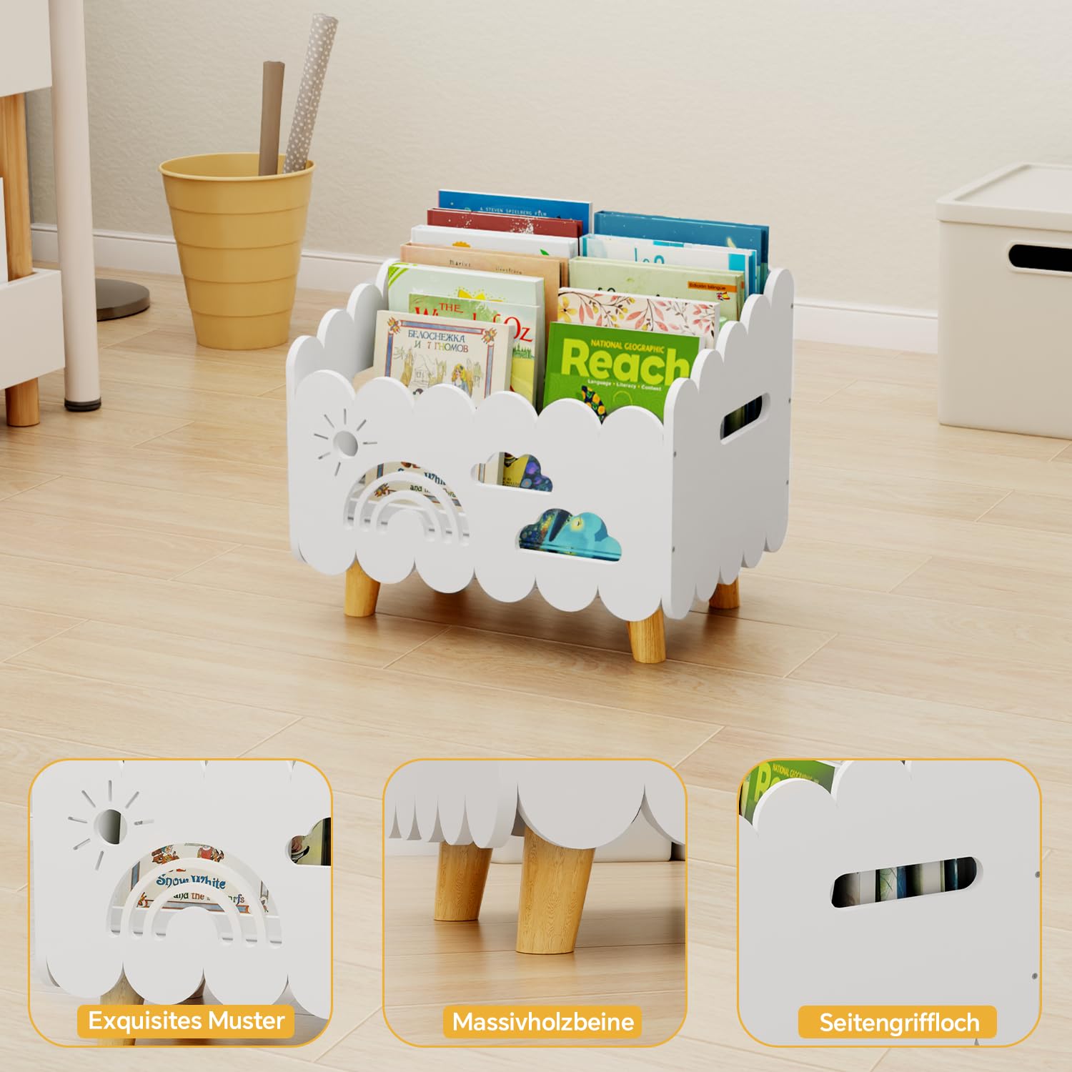 Kinder Bücherregal Holz, Montessori Bücherregal Kinder, Bücherkiste Kinder für Leseecke, Babyzimmer, Kinderbücherregal, Bücherbank, Spielzeug Organizer Regal Kinderzimmer Aufbewahrung