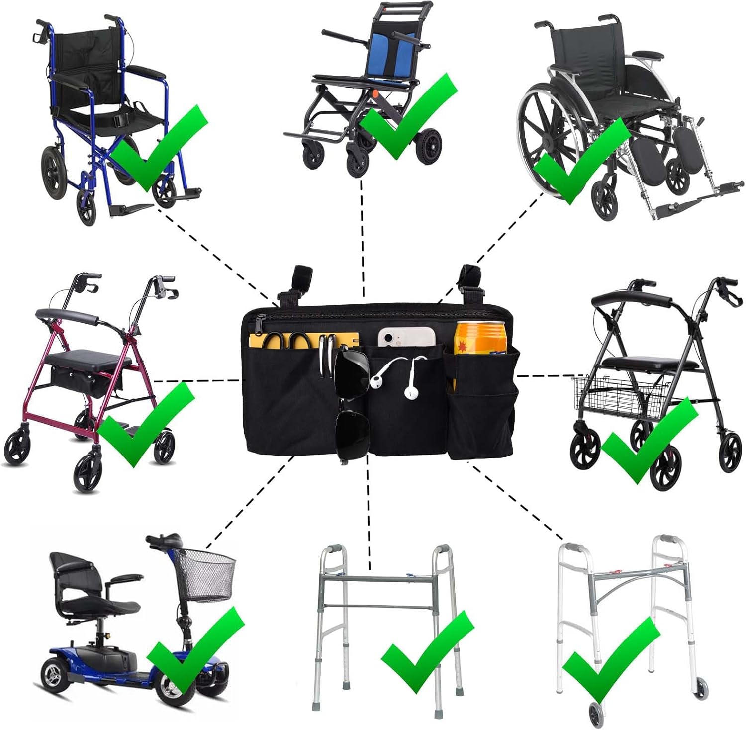 Wheelchair Side Bag Walker Side Bag Wheelchair Armrest Storage Pouch with Cup Holder, Wheelchair Accessories for Seniors for Walker, Rollator, Electric Scooter or Wheelchair -Black - Image 4