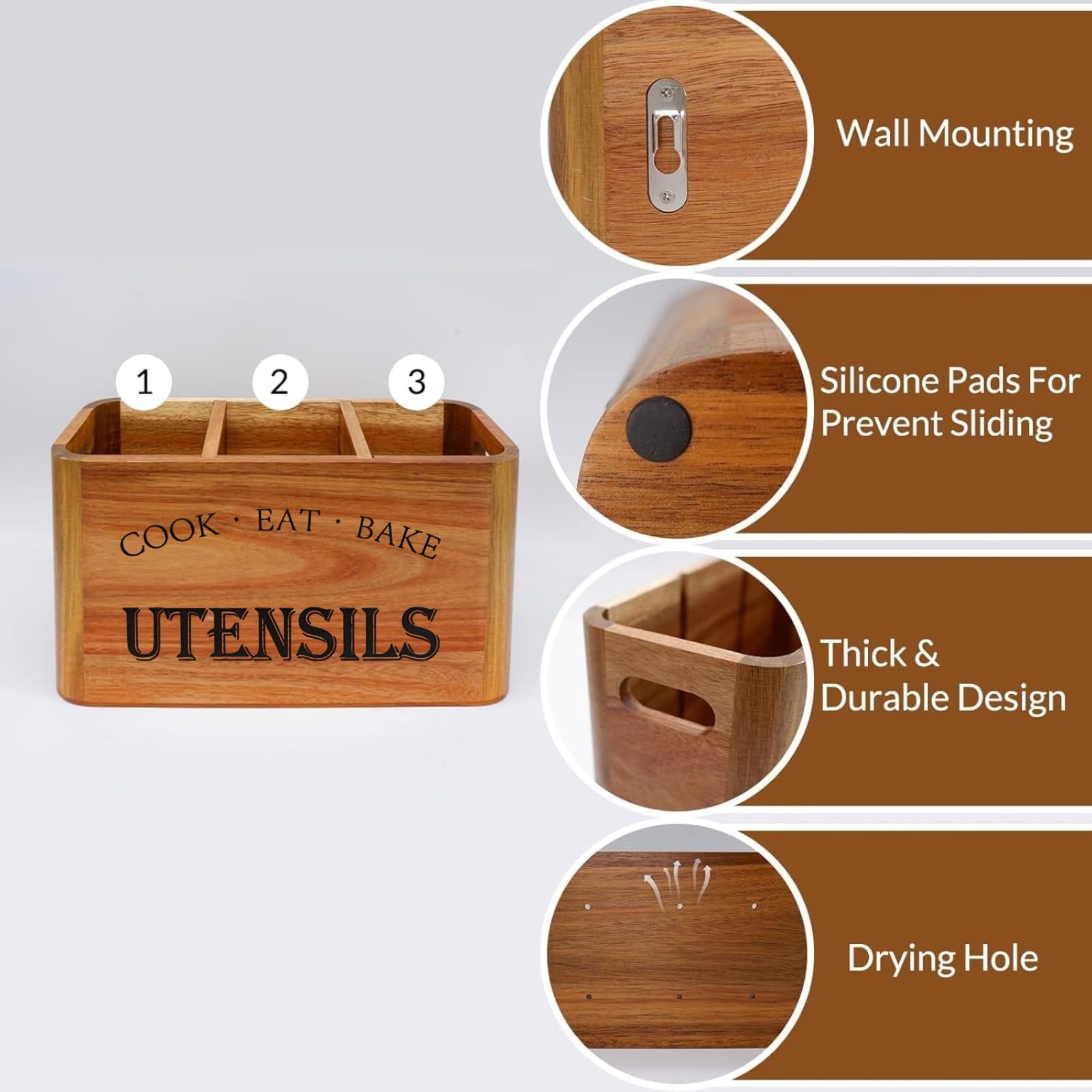 Organizador de utensilios de cocina de madera para encimera o encimera, soporte grande de madera para almacenamiento de utensilios de cocina y cubiertos con 3 compartimentos, contenedor de madera