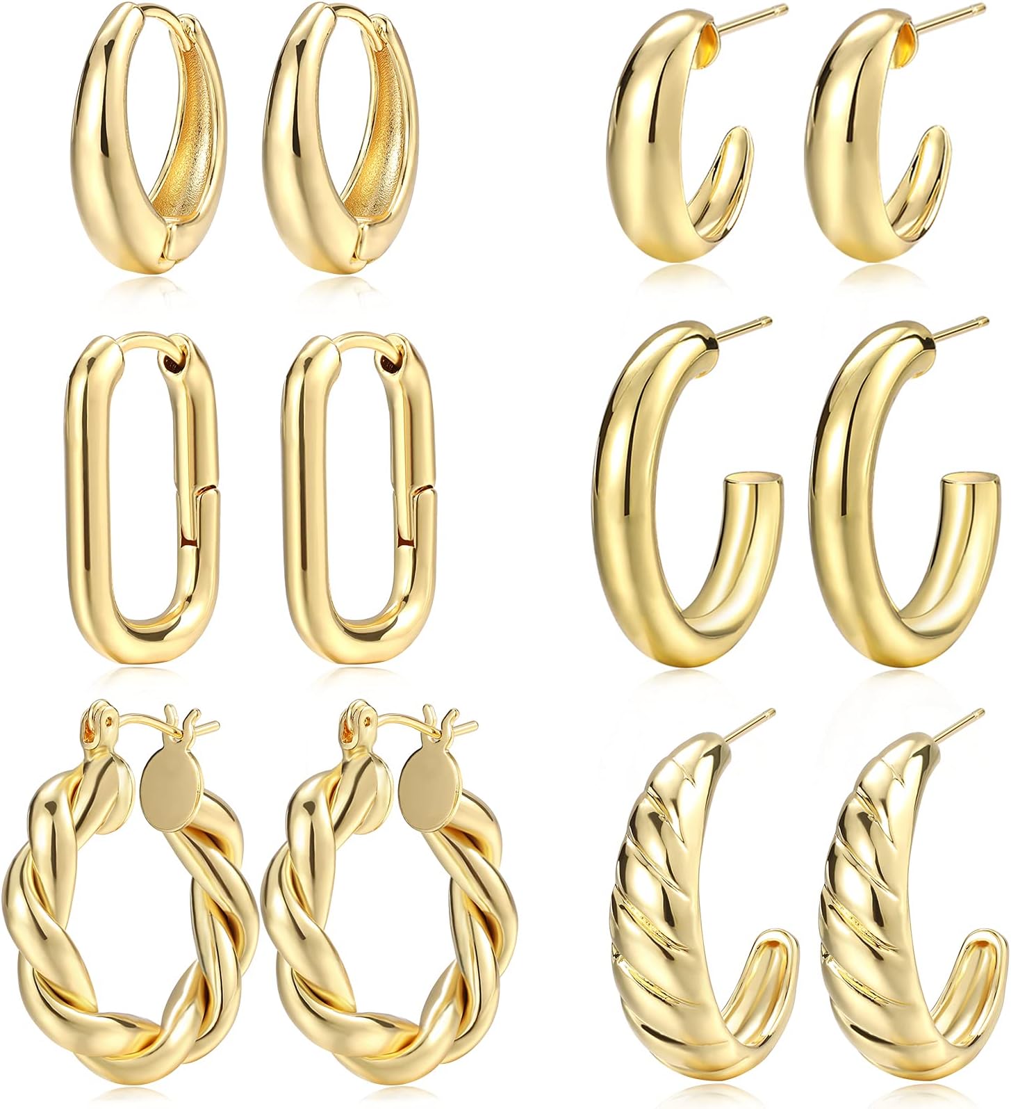 Gold Hoop Earrings Set for Women, 6 Pairs 14K Gold Plated Lightweight Hypoallergenic Chunky Open Twisted Hoops Earrings Pack Jewelry