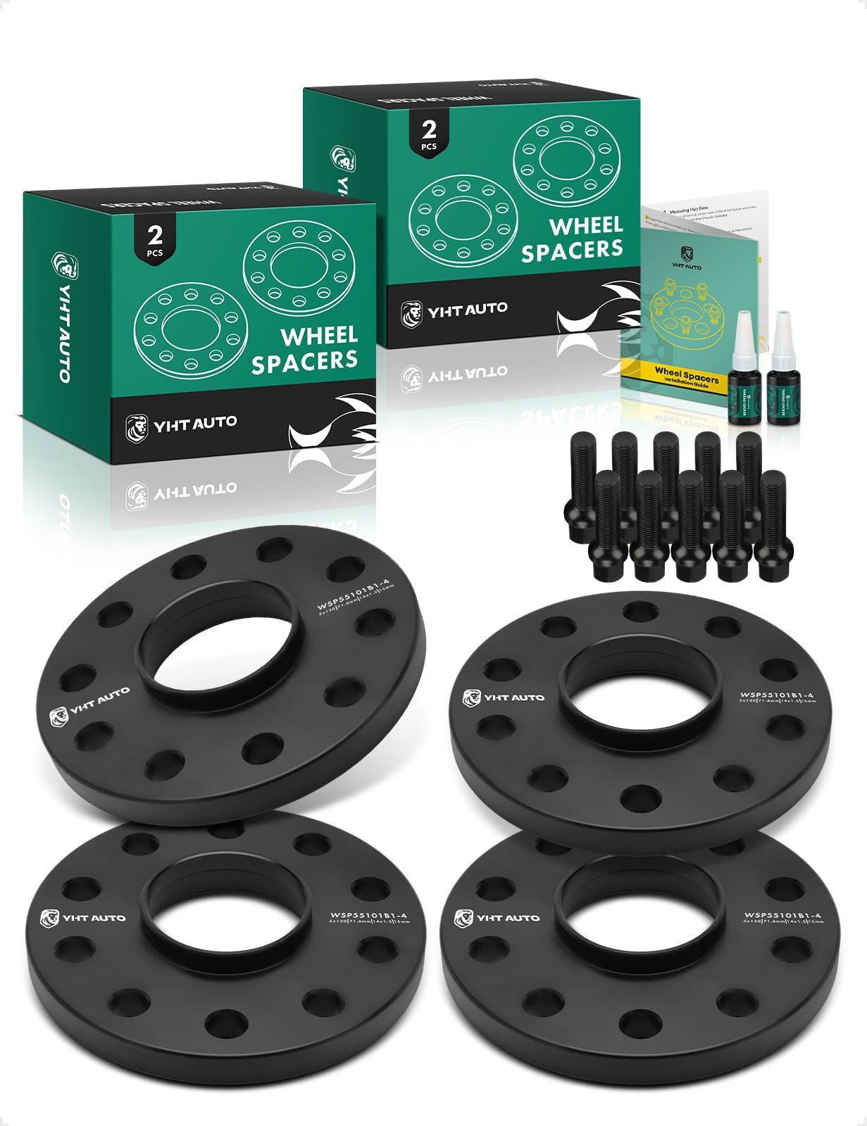YHTAUTO 5x130mm Hub Centric Wheel Spacers 15mm Compatible with Touareg 2004-2017, Q7 2007-2014, Cayenne, Boxster, Cayman, 911, 928, 944, 968 5 Lug Tire Spacers w/ M14x1.5 Studs, 71.6mm Hub Bore 4PCS