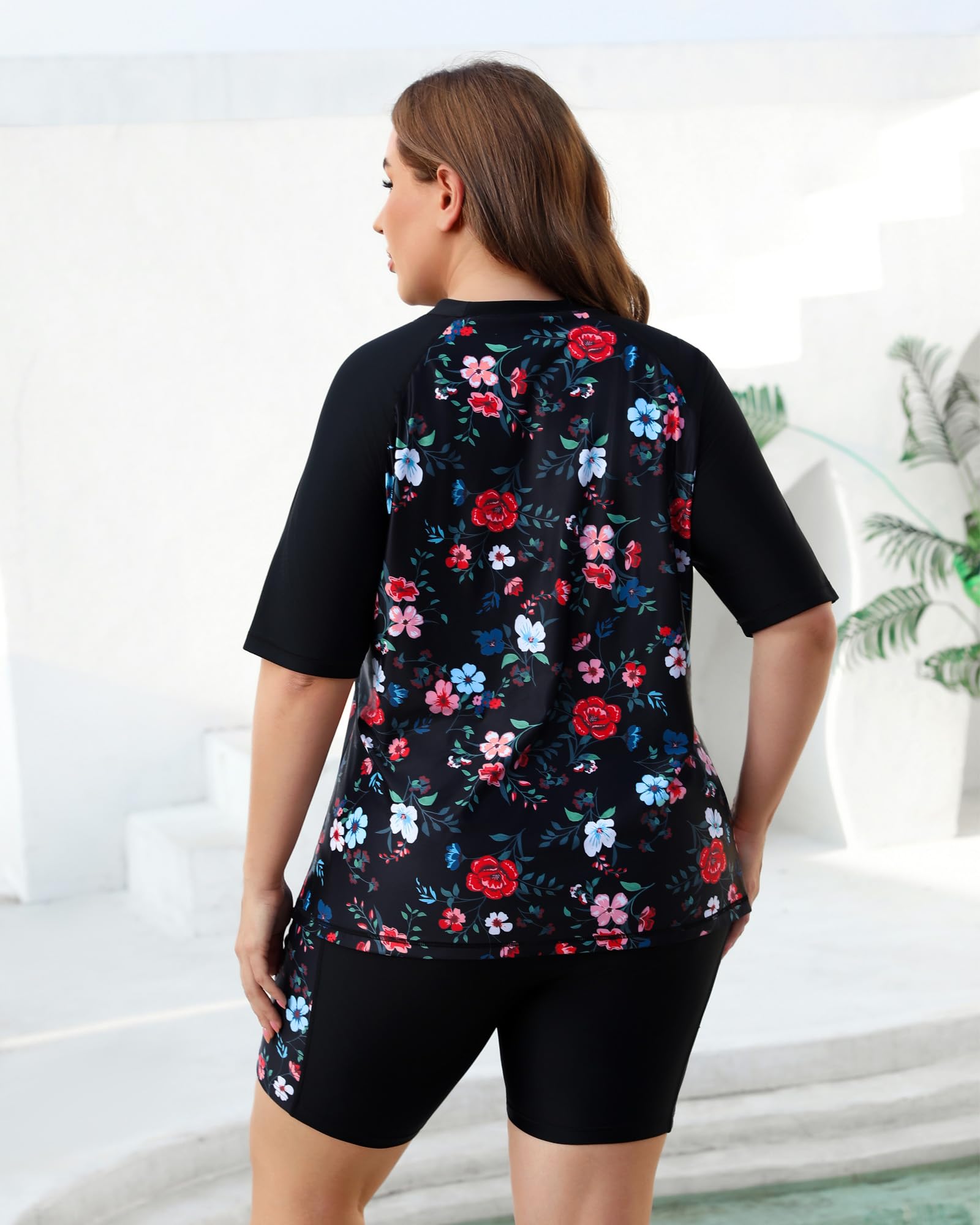 Halcurt Damen Plus Integrierter BH Rashguard Zweiteiliges Schwimmshirt und Taschen Boyleg Shorts