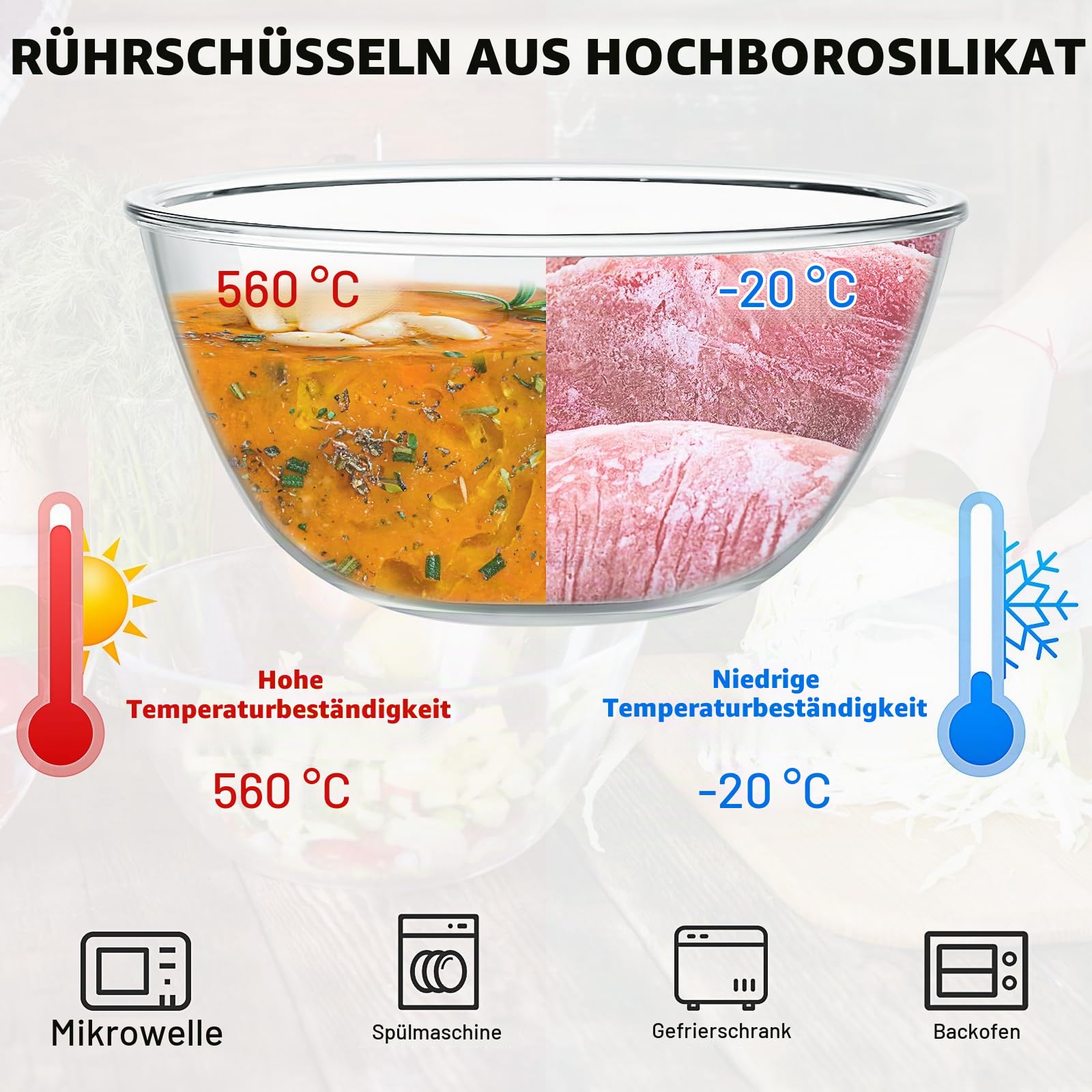 3er Set Glas Rührschüssel mit Deckel, Große Rund Salatschüsseln(4,5 L, 2,7 L, 1,1 L) aus Borosilikatglas, Stapelbare Schüsseln mit Deckel für Kochen, Backen, Vorbereiten, Mikrowellengeeignet