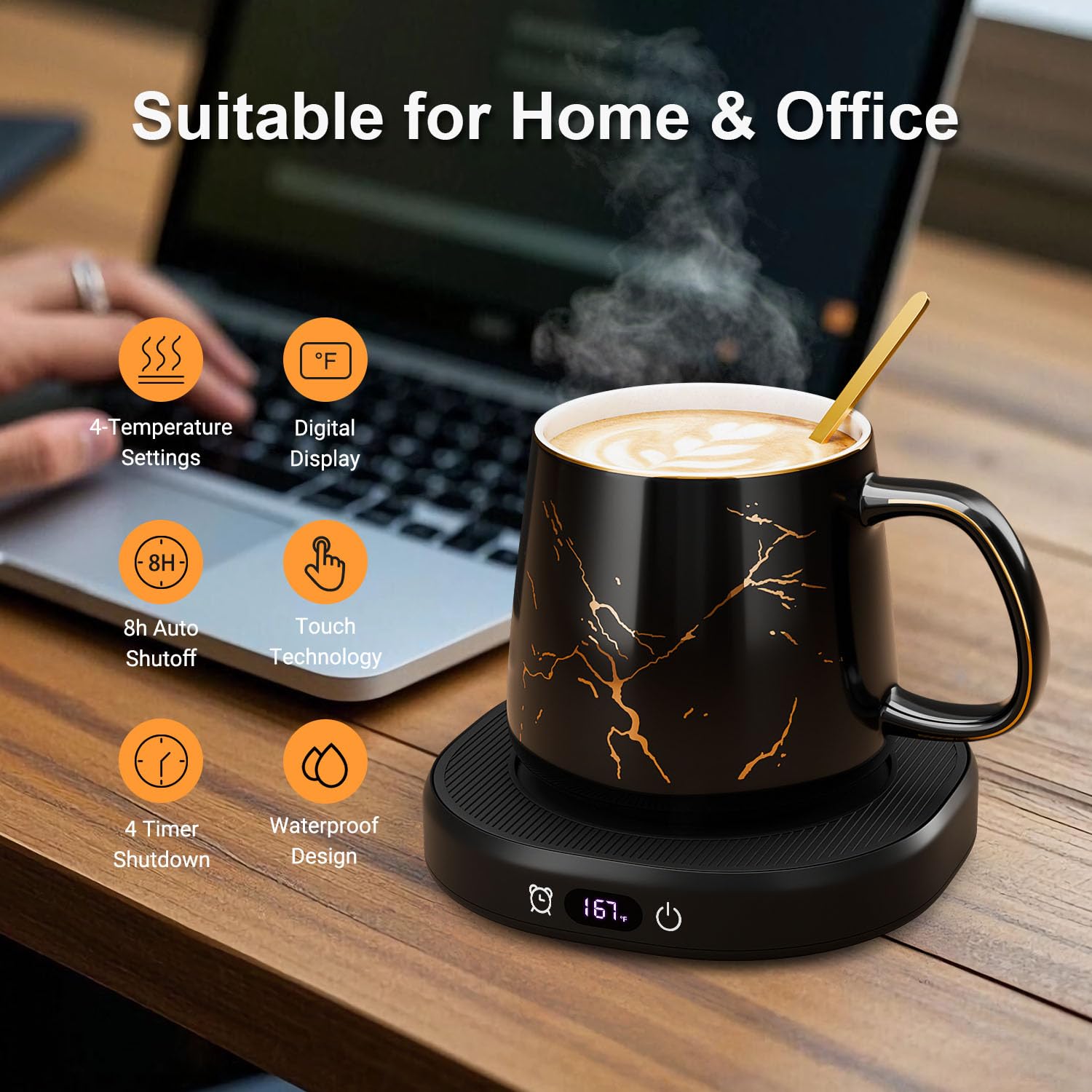 Juego de calentador de tazas de café y You are Awesome Mug Set, calentador eléctrico con apagado automático, 4 ajustes de temperatura, apagado automático de 8 horas (taza de mármol de lujo) 2