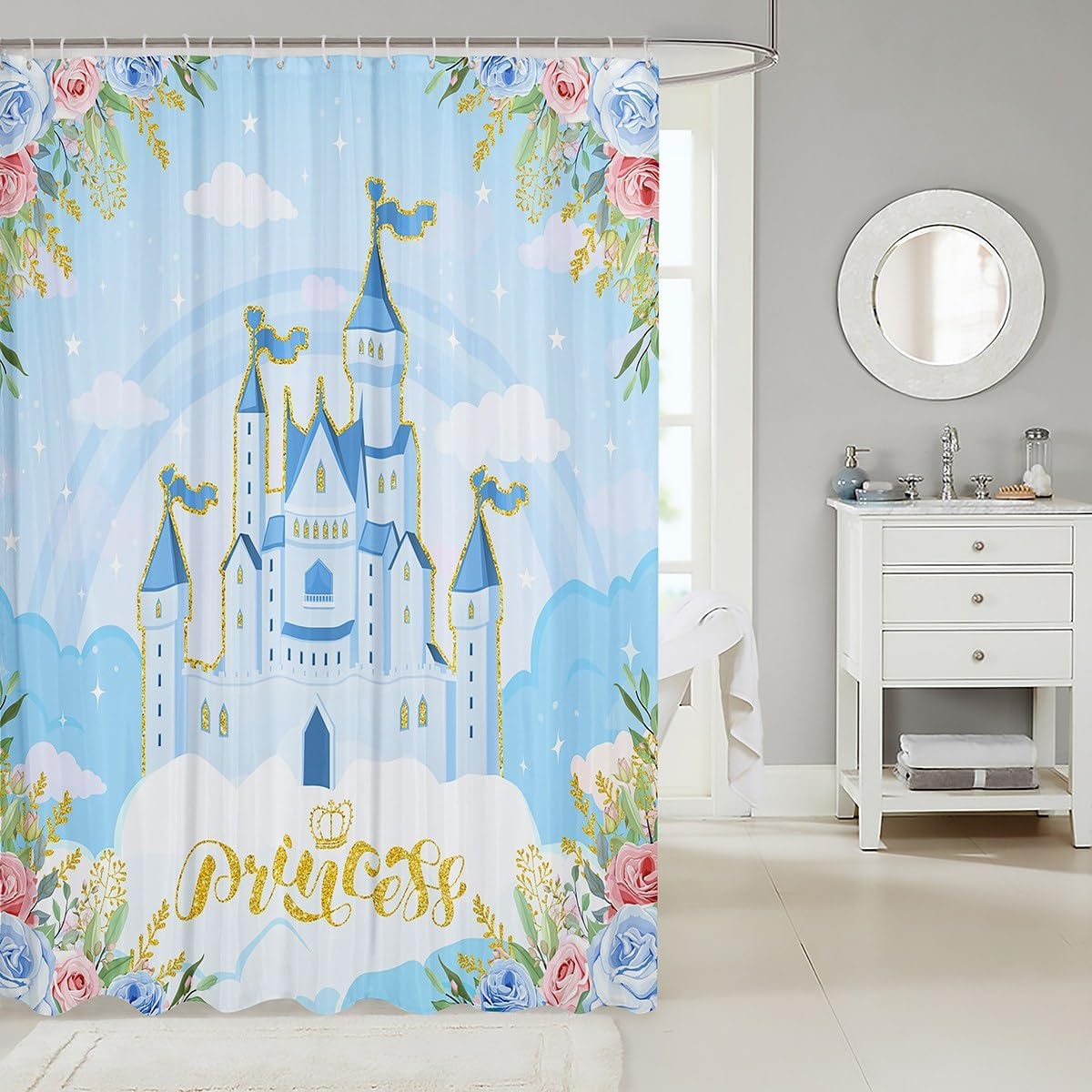 Manfei Princess Theme Shower Curtain with Hooks,Blue Castle Dreamy Room Decor Bath Curtain,Flowers Garden Fairy Tale Bathroom Accessories Waterproof Panel,72x 78 Inches