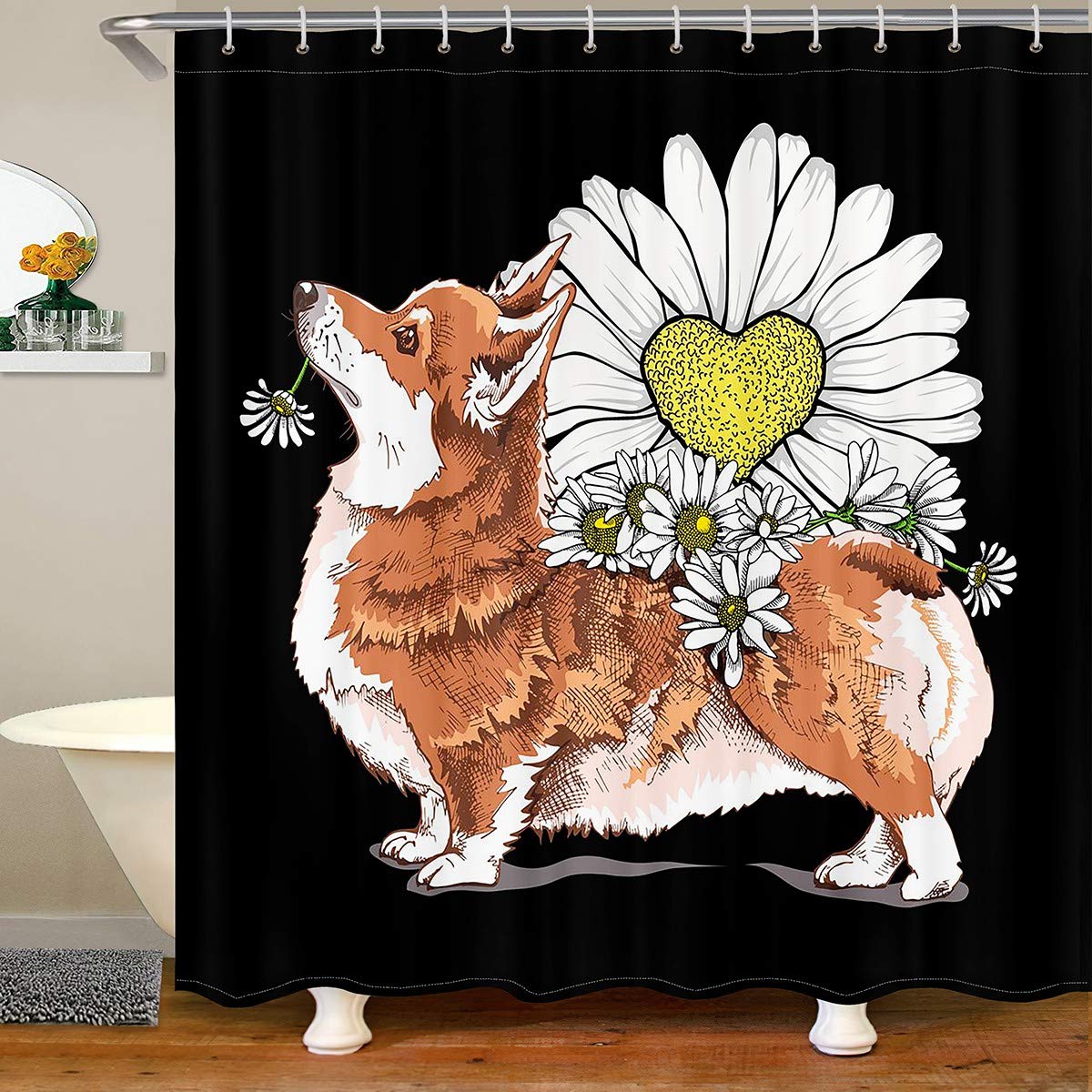 Erosebridal Corgi Shower Curtain Cute Dog Bathtub Shower Curtain Daisy Bath Curtain for Kids Boys Girls Teens Cartoon Animal Bathroom Sets White Floral Plant Bathroom Decorative, Black 72" W x 78" L