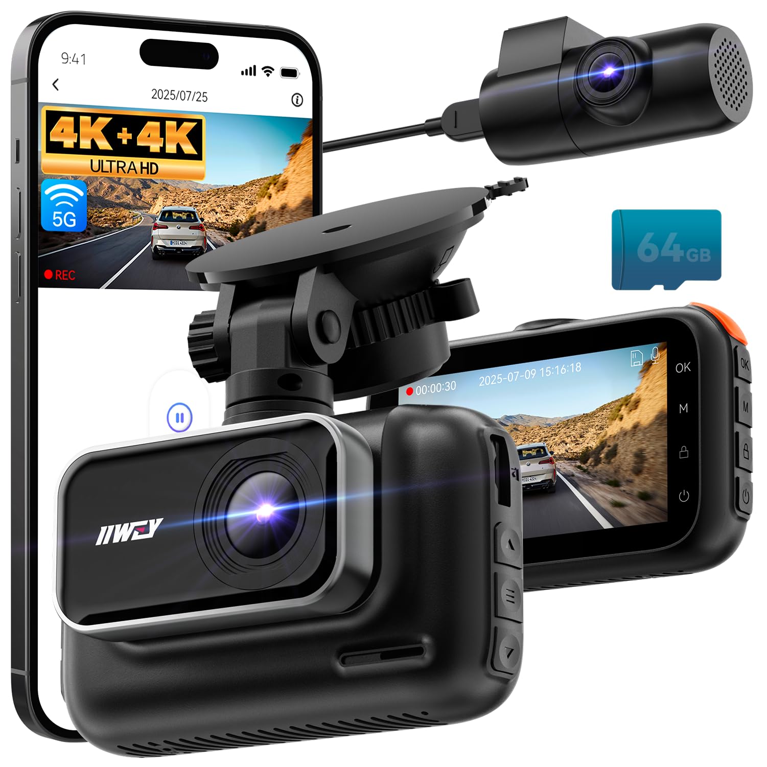 IIWEY 4K 4K Dash Cam Front and Rear 5G Wi-Fi 64GB SD Card Included STARVIS Dash Camera for
