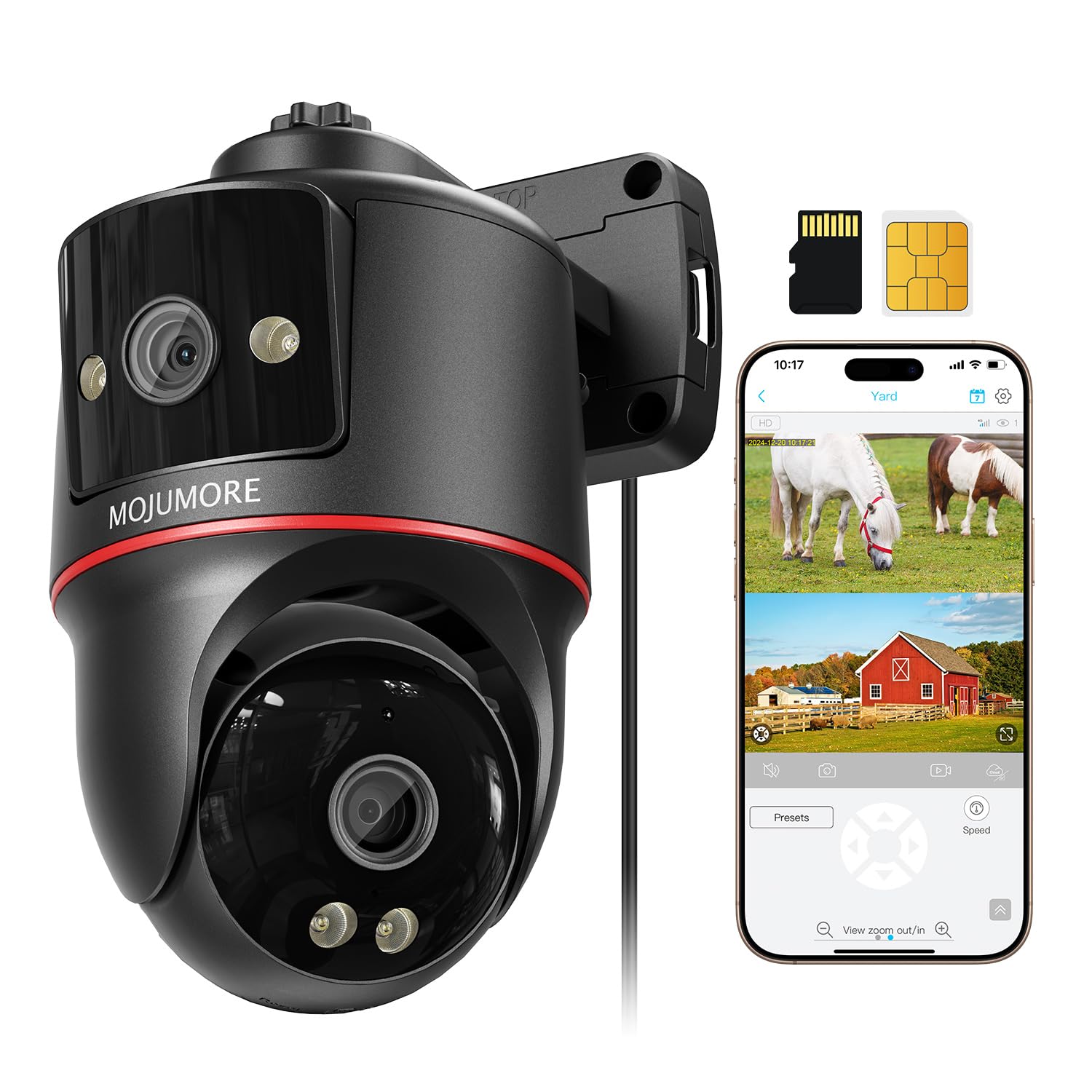 MOJUMORE 4G LTE Cellular Security Camera, No WiFi Security Camera, Plug-in Dual Lens Security Cameras Outdoor, Auto-Tracking/Push Notification, 360°