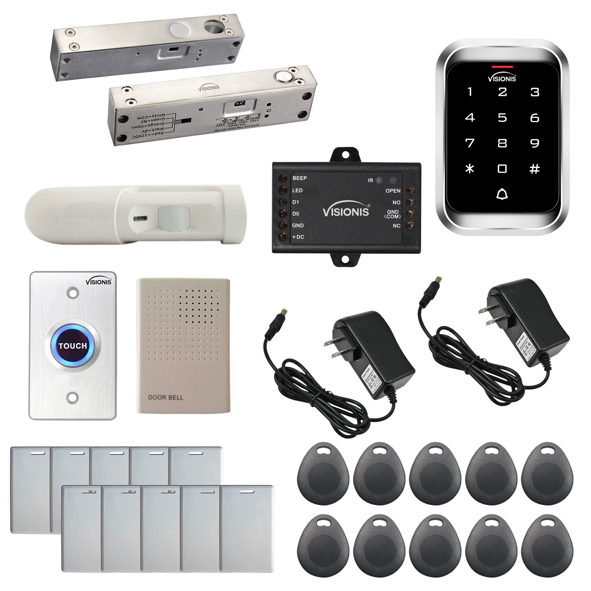 Visionis FPC-5462 One Door Access Control 2200lb Electric Drop Bolt Fail Safe For Narrow Doors + Outdoor Keypad/Reader Standalone With Mini Controller + Wiegand 26, EM Card 1000 Users + PIR Kit