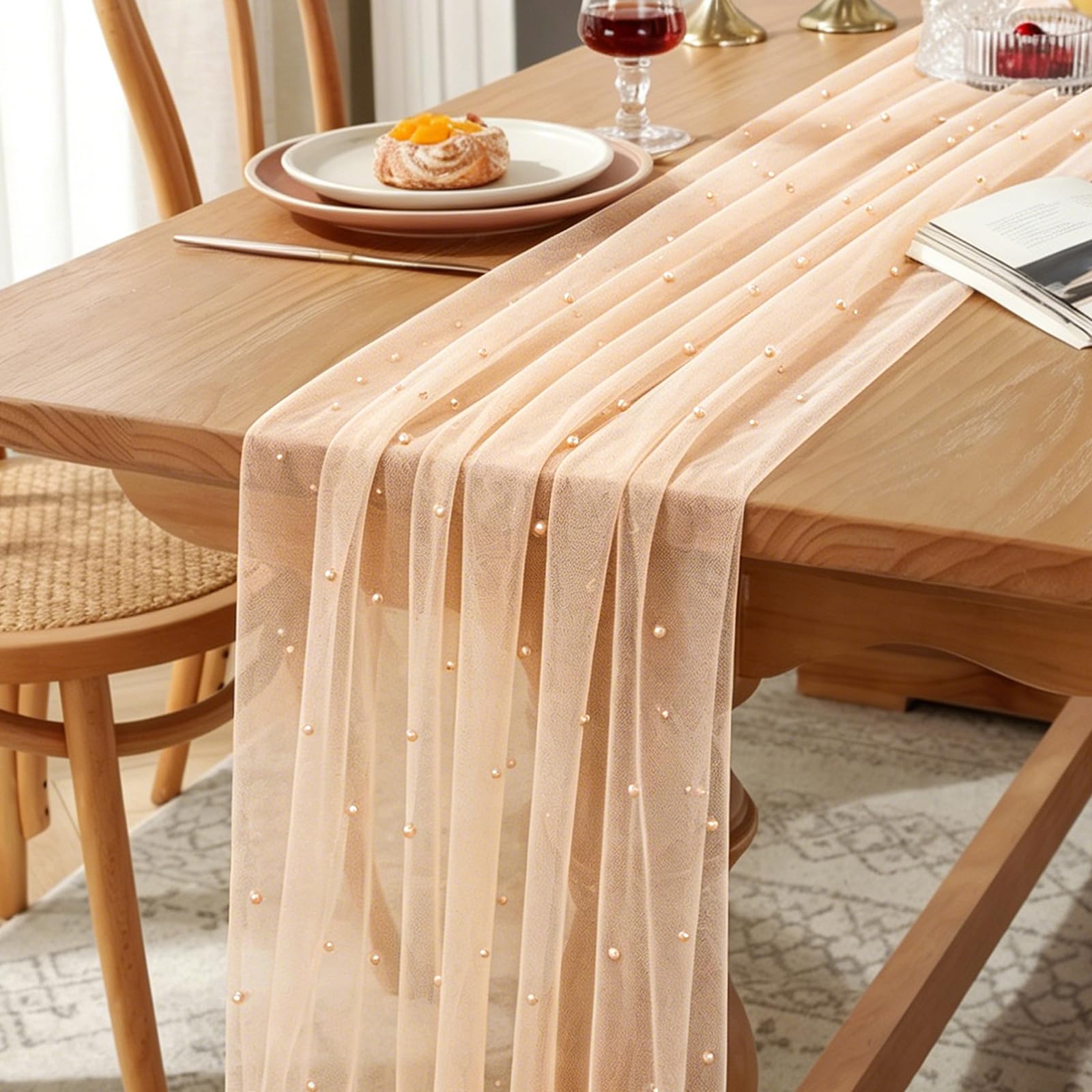BINBE Runner da tavola in tulle, per primavera ed estate, rustico, bohémien, 3 m, per baby shower, matrimoni, vacanze, dessert, decorazione da tavolo, champagne