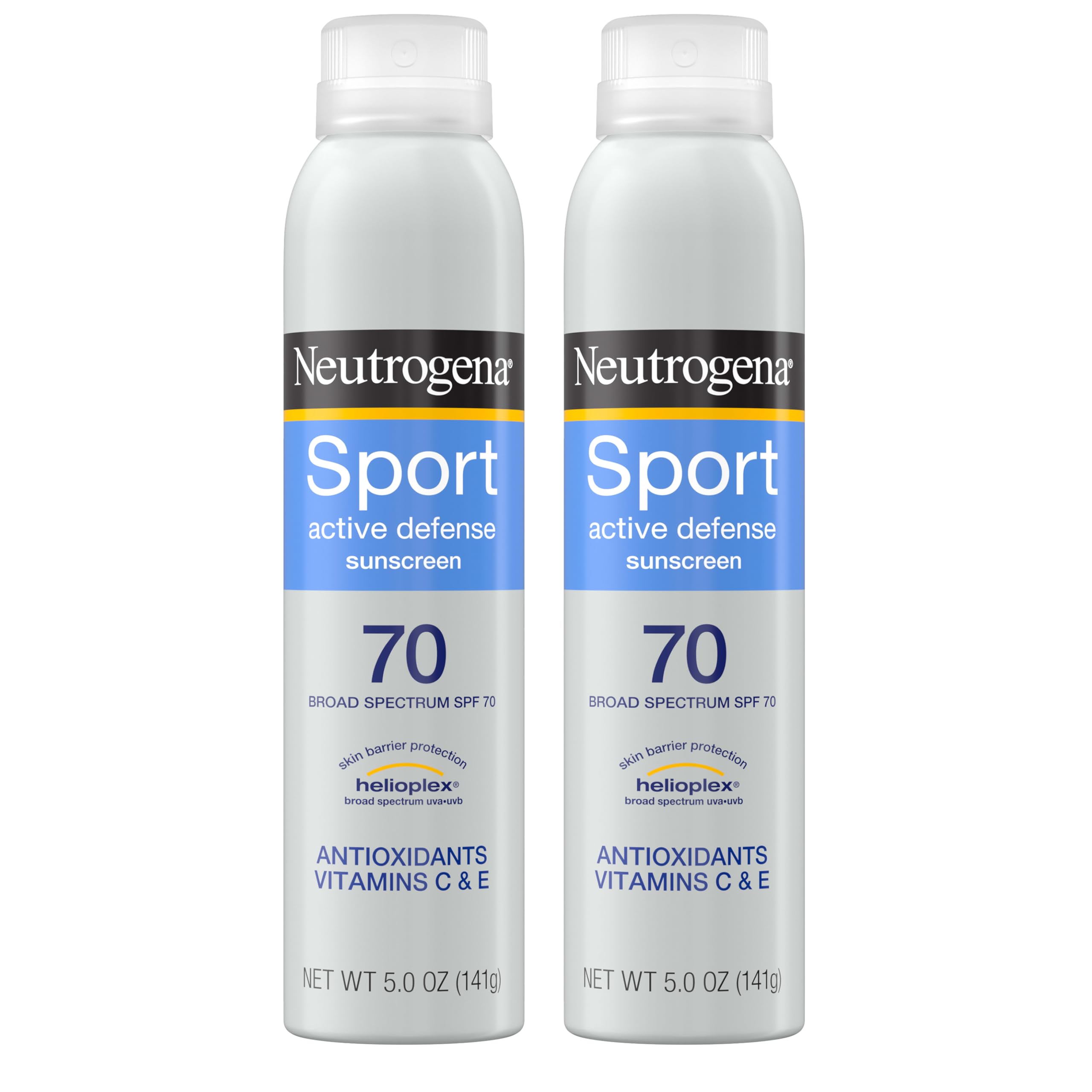 Neutrogena Sport Active Defense SPF 70 Lot de 2 sprays de protection solaire résistants à la transpiration et à l'eau avec protection du spectre large pour la prévention des rayons du soleil, sans