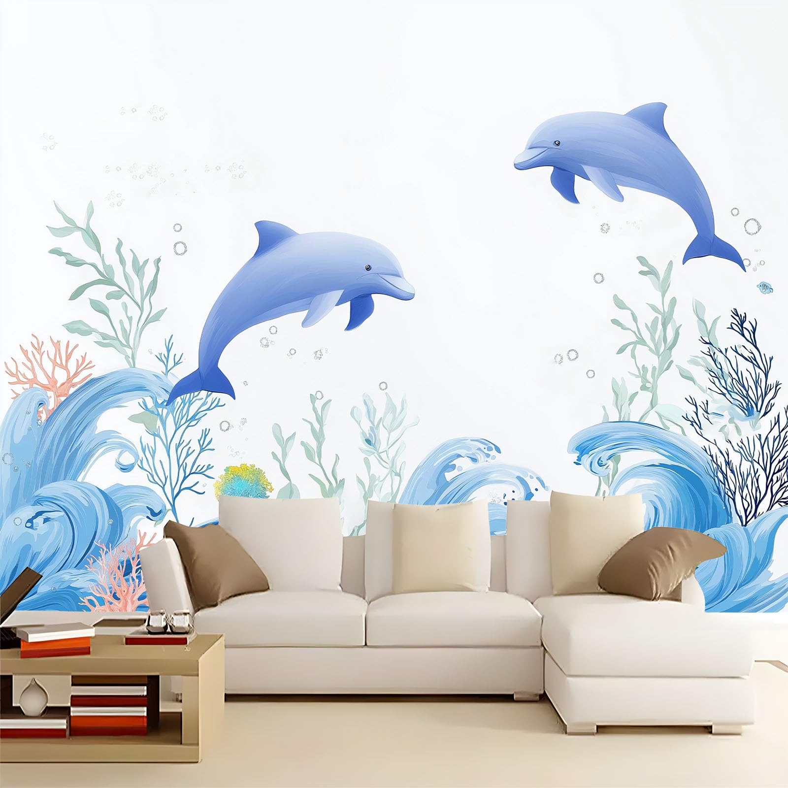 Générique Panoramiczna tapeta kreskówka natura zwierzęta delfin fale koralowe białe 350 x 256 cm - nowoczesny gobelin ścienny z włókniny do salonu, sypialni lub pokoju dziecięcego