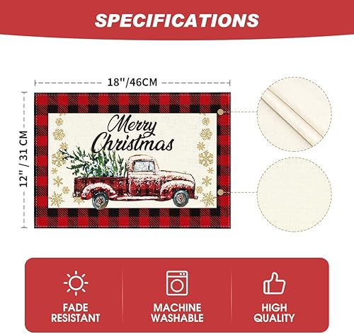 Miniatura 6 de Artoid Mode Juego de 6 manteles individuales de Navidad con diseño de camión de búfalo rojo y negro, 12 x 18 pulgadas, para decoración de fiestas,