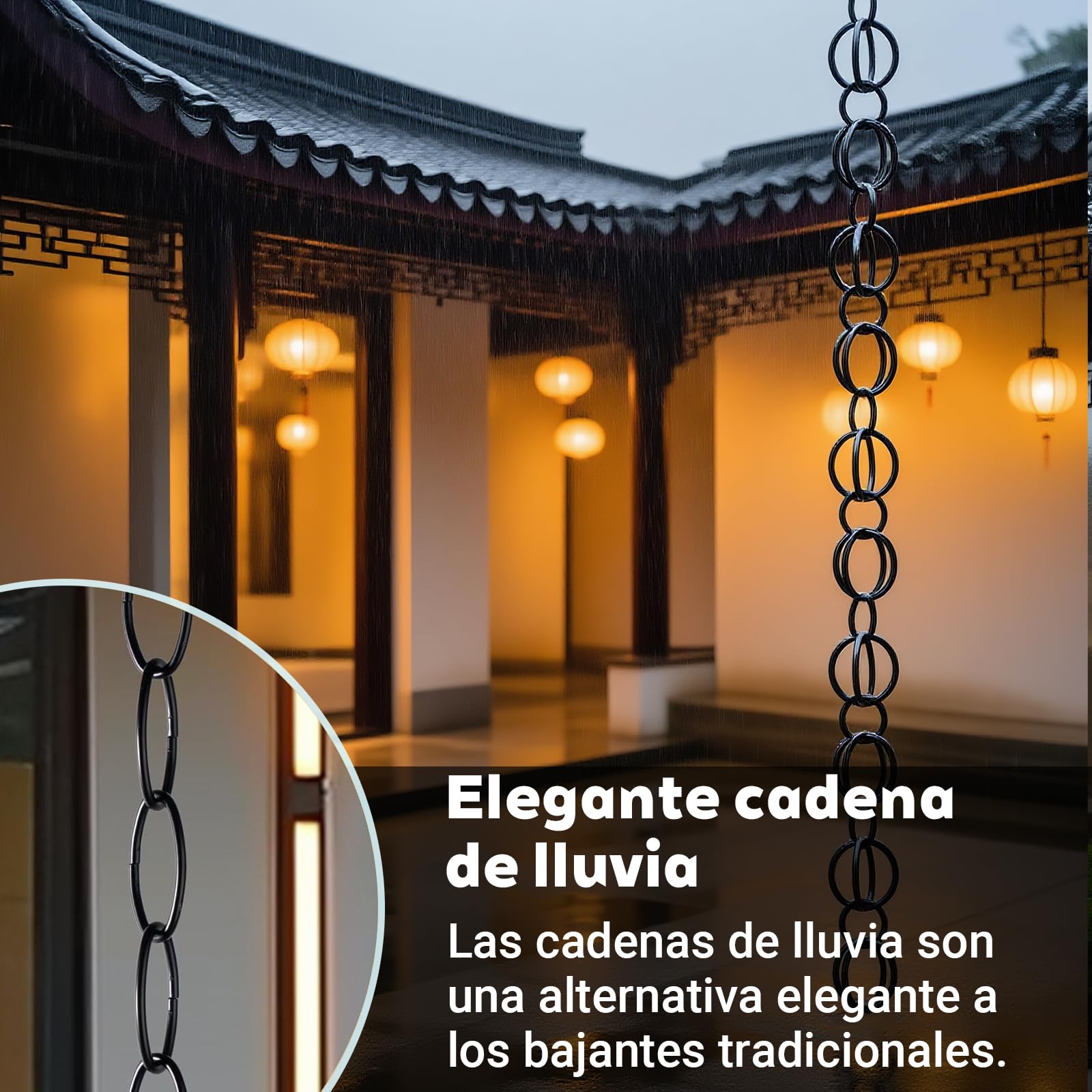 Cadena de Drenaje de Hoja de Acero con Adaptador, Colector de Agua con Copa Integrada Jardín(15ft)