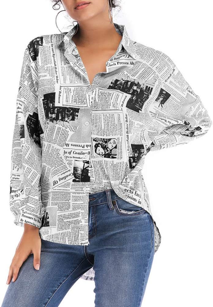KESYOO Newspaper Print Blouse Loose Lapel Neck Shirt for Women Girls Long Sleeve Button Down Top Black